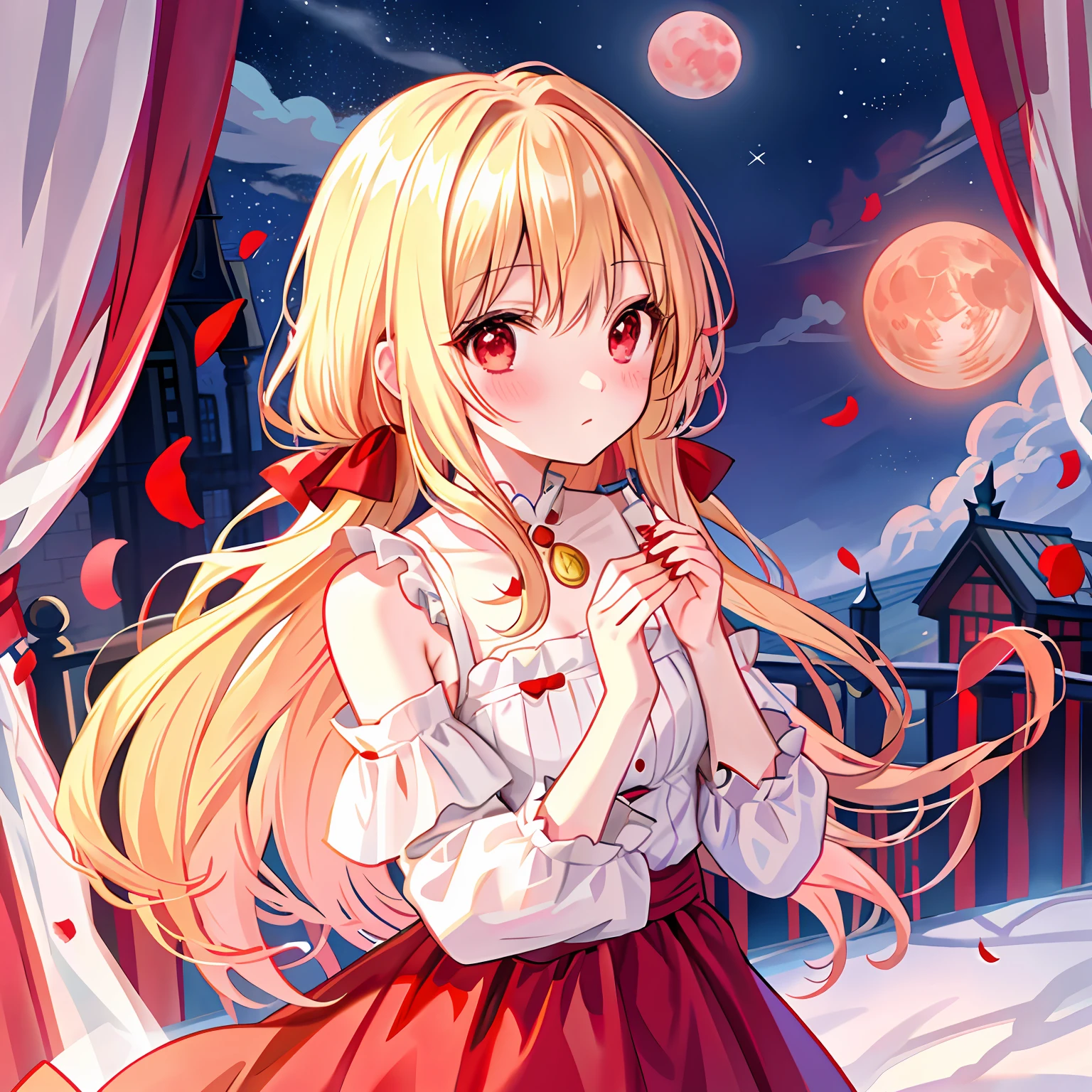 red blush、blonde  hair、red eyes、Beautiful girl alone、animesque、独奏、lonely、vampire、a moon、natta、doress、off shoulders