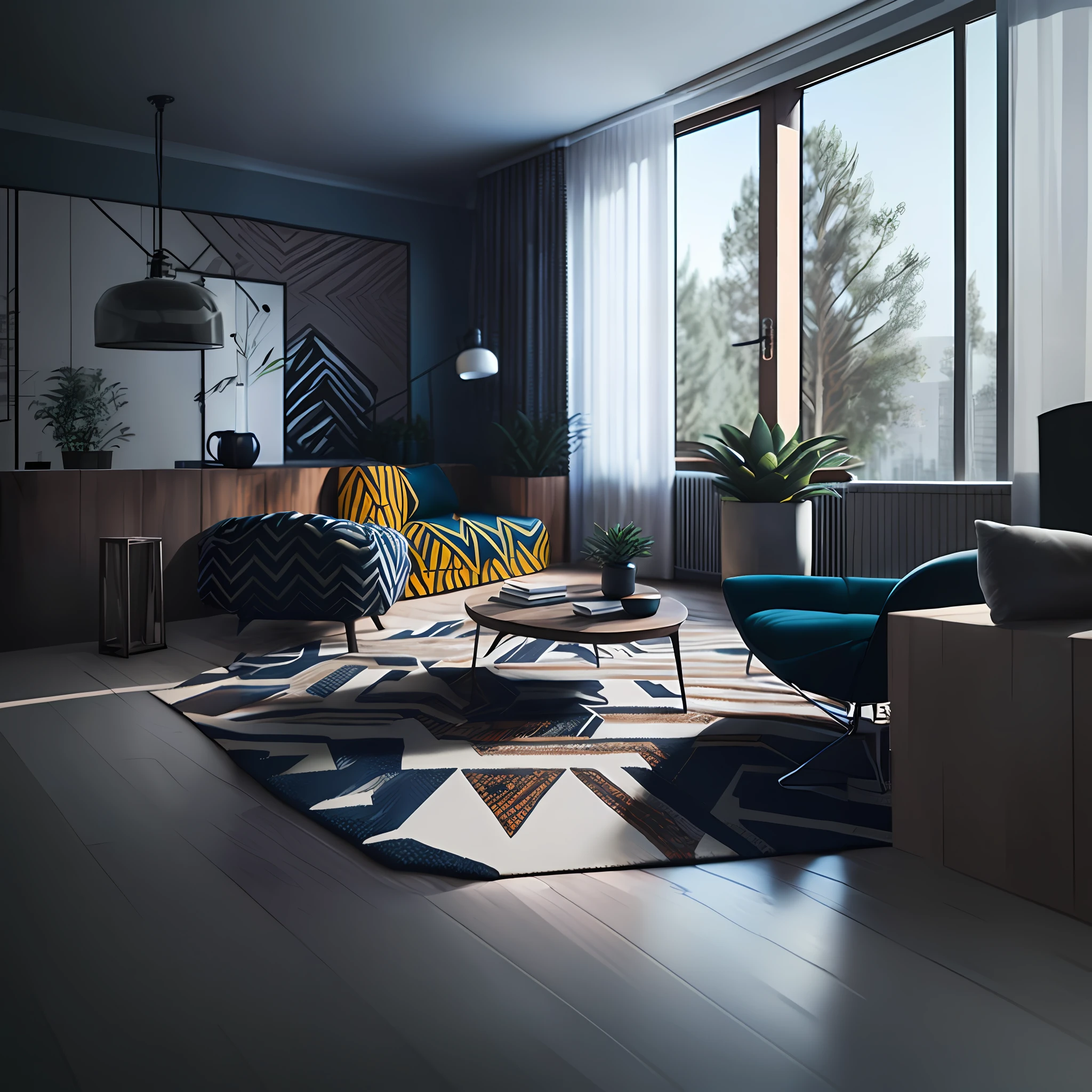Factory Chic Lounge: Immerse yourself in a living room that channels the industrial aesthetics in a chic and sophisticated manner. The ambient lighting accentuates the industrial elements, adding a touch of elegance to the space, resulting in a stylish fusion of old-world charm and contemporary design.