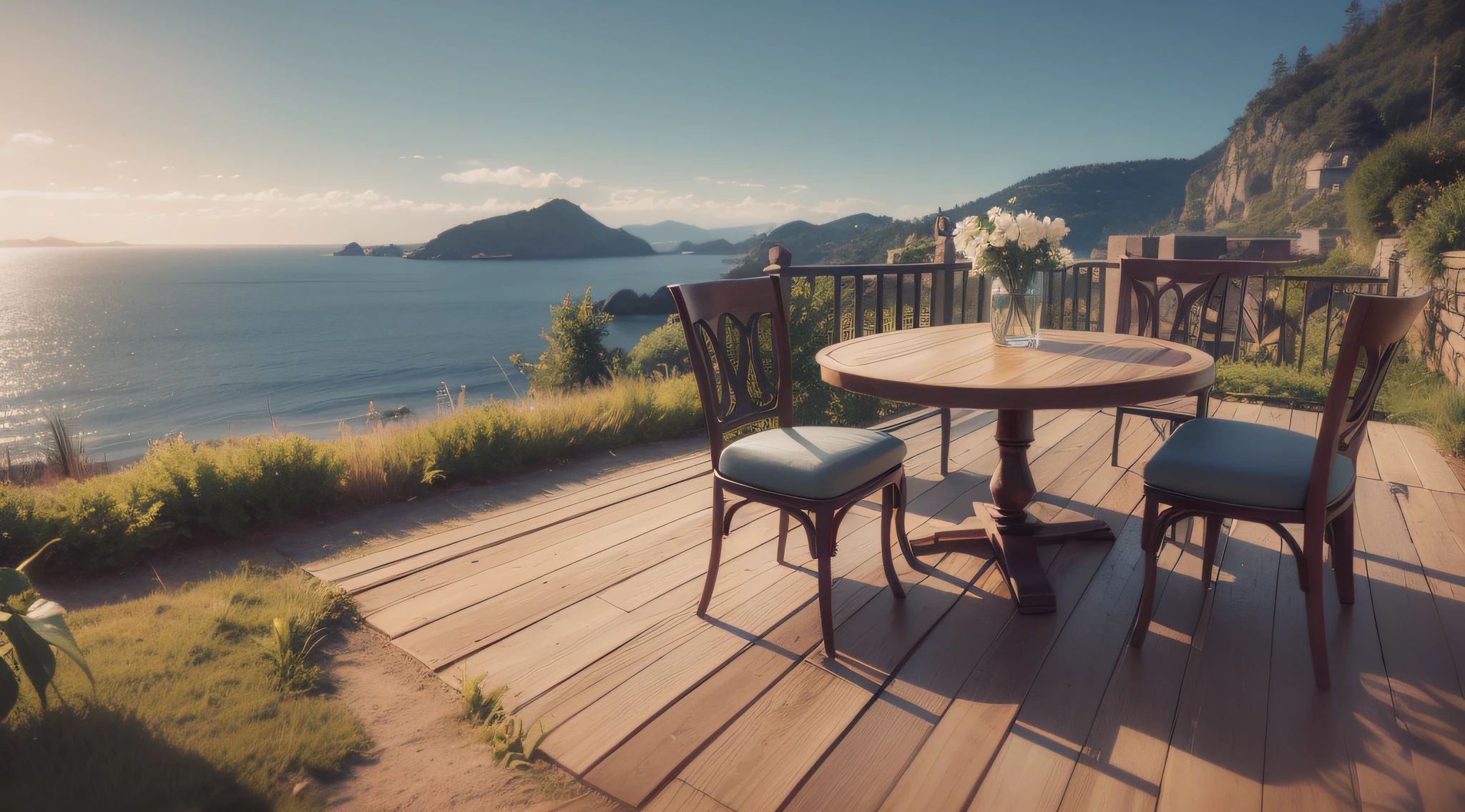 There is a table set with plates and placement settings, Quiet and peaceful style, Unreal Engine ; romantic theme, beautiful place, unreal 5 engine highlly render, Cozy and peaceful atmosphere, quiet and serene atmosphere, beautful view, beautiful setting, 32K rendered in Unreal Engine, rendered in rtx, A luxurious setting, paradise in the background,real,32k