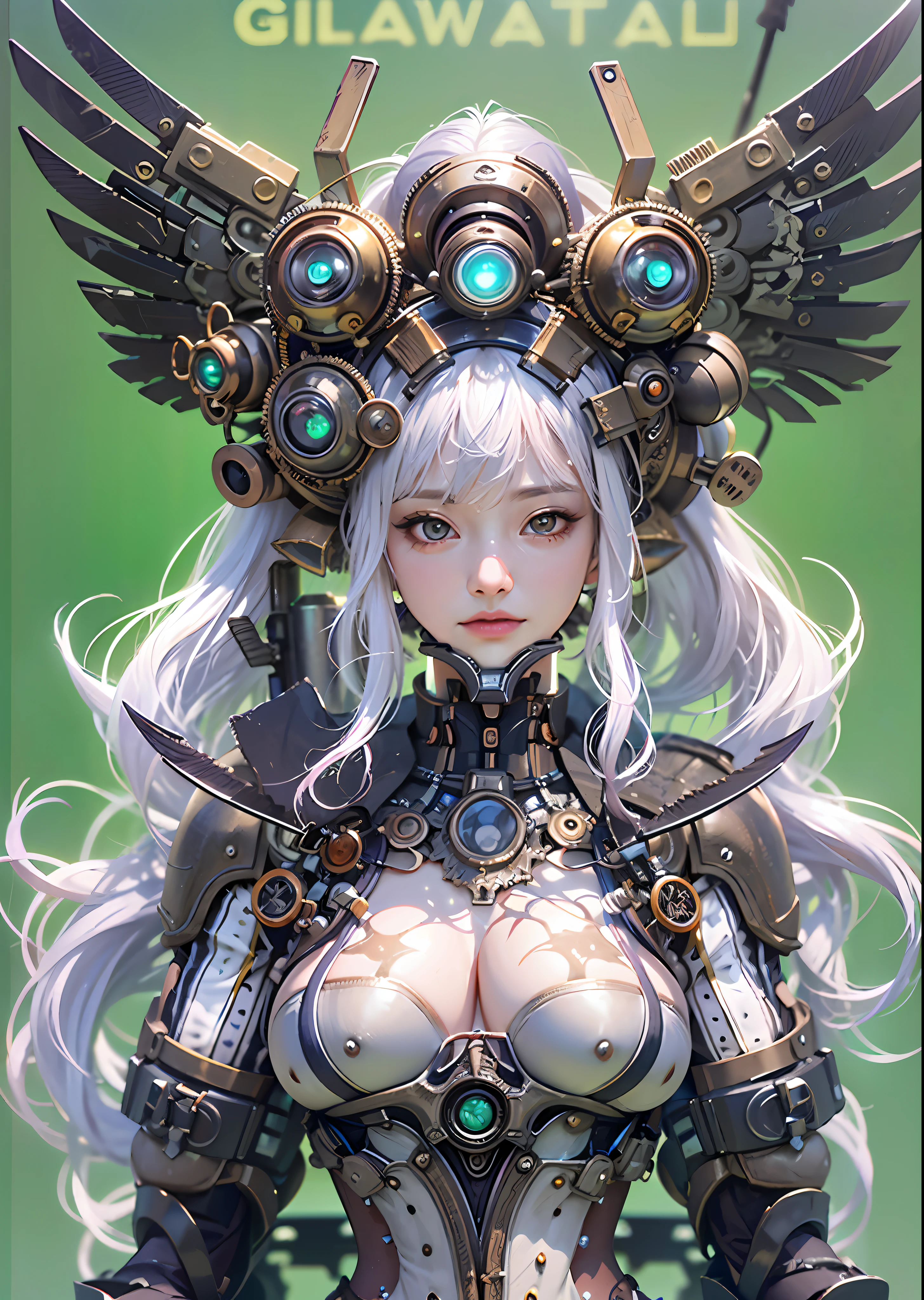 top-quality、masterpiece、超A high resolution、(Photorealsitic:1.4)、Raw photo、Steampunk Cyborg Angel、large wings made of metal、White porcelain body、Acrylic Clear Cover、white hair、glowy skin、1 Cyborg Girl、((super realistic details))、portlate、globalillumination、Shadow、octan render、8K、ultrasharp、character edge light,Colossal tits、Raw skin is exposed in cleavage、Details of complex ornaments、Sumerian details、Hydraulic cylinder、Small LED lamp、highly intricate detail、Realistic light、a purple eye、radiant eyes、Facing the camera、neon details、cowboy shot、Futuristic headgear、About Cyberpunk、、