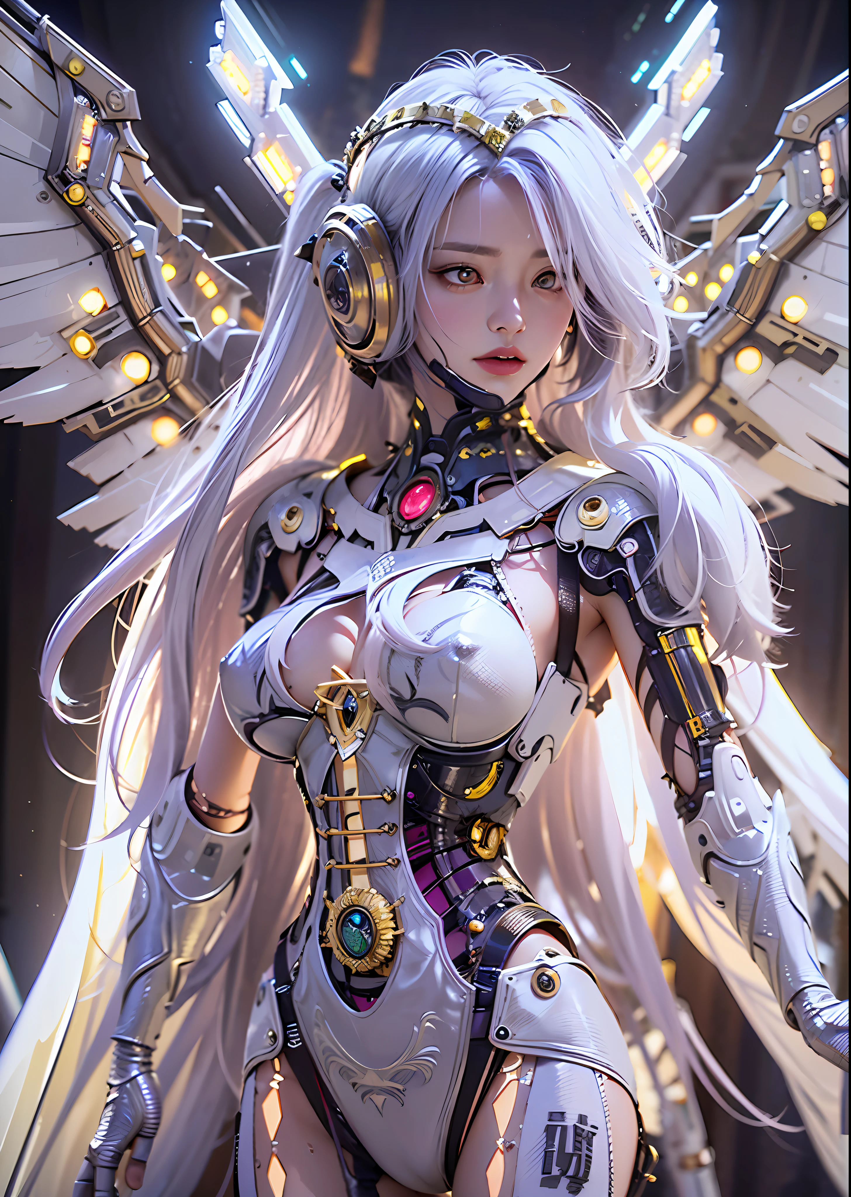 top-quality、masterpiece、超A high resolution、(Photorealsitic:1.4)、Raw photo、Steampunk Cyborg Angel、large wings made of metal、White porcelain body、Acrylic Clear Cover、white hair、glowy skin、1 Cyborg Girl、((super realistic details))、portlate、globalillumination、Shadow、octan render、8K、ultrasharp、character edge light,Colossal tits、Raw skin is exposed in cleavage、Details of complex ornaments、Sumerian details、Hydraulic cylinder、Small LED lamp、highly intricate detail、Realistic light、a purple eye、radiant eyes、Facing the camera、neon details、cowboy shot、Futuristic headgear、About Cyberpunk、、