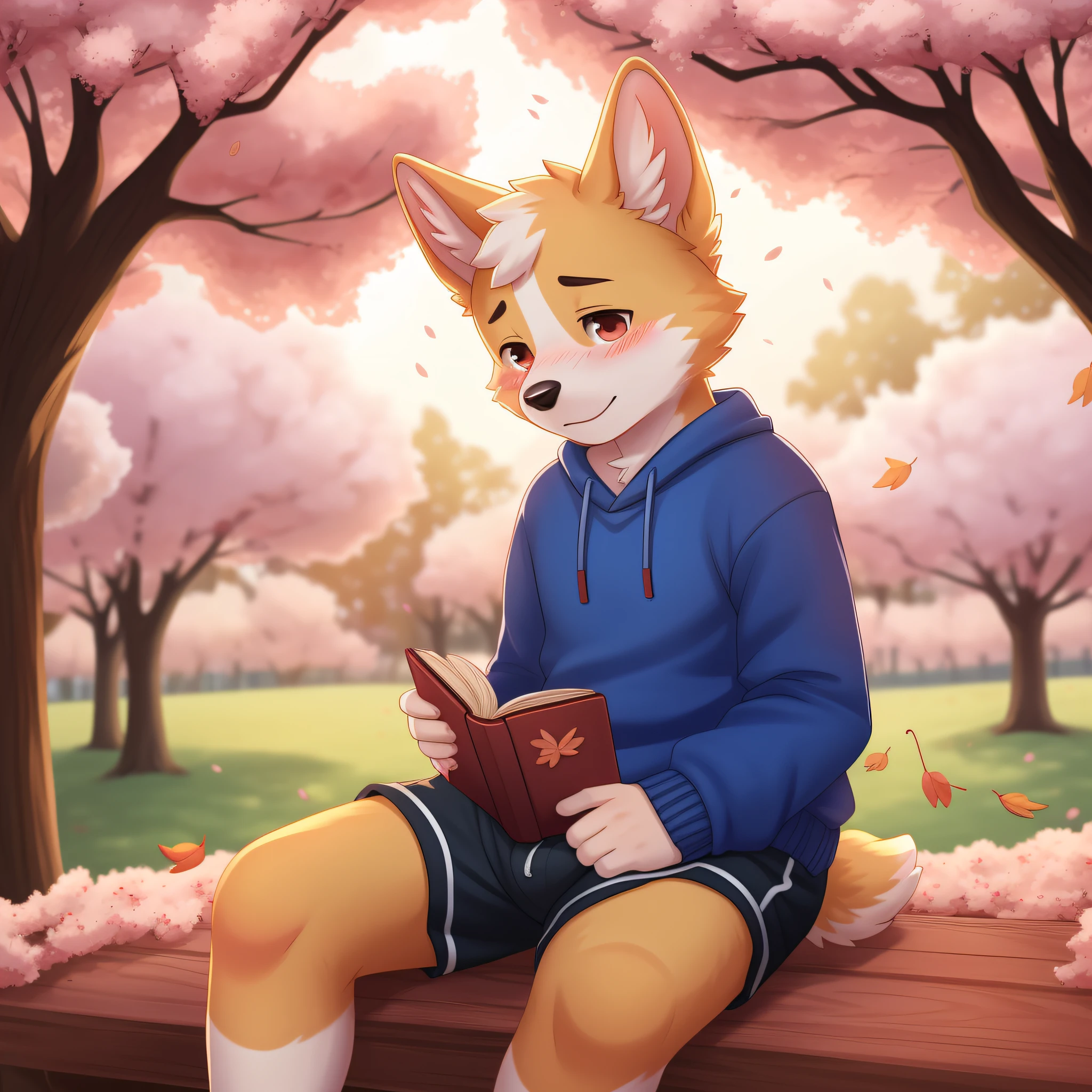 Corgi, boy, young, 1boy, solo, anthro, park, shorts, sweater, detailed lighting, blushing, SFW, (open book (in lap)), (cherry trees), (falling leaves), Bloom, blur, (sitting against tree)