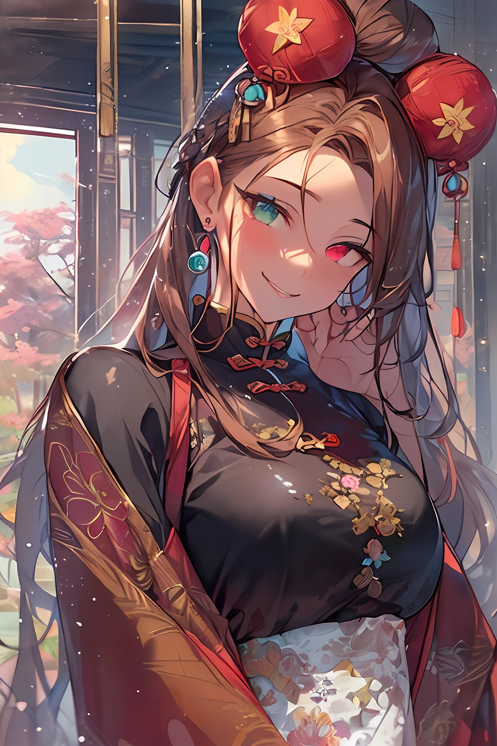 ((masutepiece, of the highest quality, Watercolor art (Pendants), offcial art, Beautiful and aesthetic: 1.2)), (Golden ratio: 1.2), (Full body: 1.2), (Super Detail: 1.3), (1 girl: 1.3), (Fractal Art: 1.3), Full body, (Glitter Pupil)), patterns, (Colorful hair, Half red and half burgundy hair: 1.2)), Colorful, Writing, (Heterochromia:Red right eye and burgundy left eye), (Colorful: 1.5), Sunny weather, (((Shy face)),, (Standing), (Hyper-detailing), ((delicate detail)), (intricate-detail), ((Cinematic Light, Highest quality backlight)), High contrast, ((The best lighting, Very delicate and beautiful)), (( Cinematic Light)), (ray-traced reflection, Glow), (((glowing aura)), ((Glowing hair)), ((Super Detail)), (8K)), ((a closeup)), ((Brown skin)), ((Seductive smile)) ,((high angle full body shot)),(NSFW:1.5)、(((chinese clothes)))、(((Bun hair)))