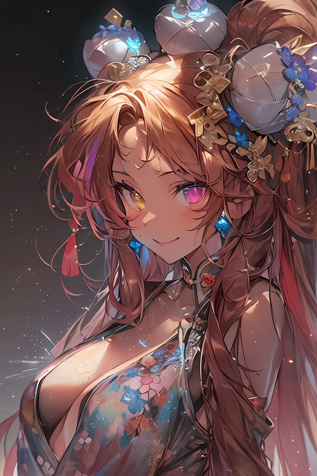((masutepiece, of the highest quality, Watercolor art (Pendants), offcial art, Beautiful and aesthetic: 1.2)), (Golden ratio: 1.2), (Full body: 1.2), (Super Detail: 1.3), (1 girl: 1.3), (Fractal Art: 1.3), Full body, (Glitter Pupil)), patterns, (Colorful hair, Half red and half burgundy hair: 1.2)), Colorful, Writing, (Heterochromia:Red right eye and burgundy left eye), (Colorful: 1.5), Sunny weather, (((Shy face)),, (Standing), (Hyper-detailing), ((delicate detail)), (intricate-detail), ((Cinematic Light, Highest quality backlight)), High contrast, ((The best lighting, Very delicate and beautiful)), (( Cinematic Light)), (ray-traced reflection, Glow), (((glowing aura)), ((Glowing hair)), ((Super Detail)), (8K)), ((a closeup)), ((Brown skin)), ((Seductive smile)) ,((high angle full body shot)),(NSFW:1.5)、(((chinese clothes)))、(((Bun hair)))