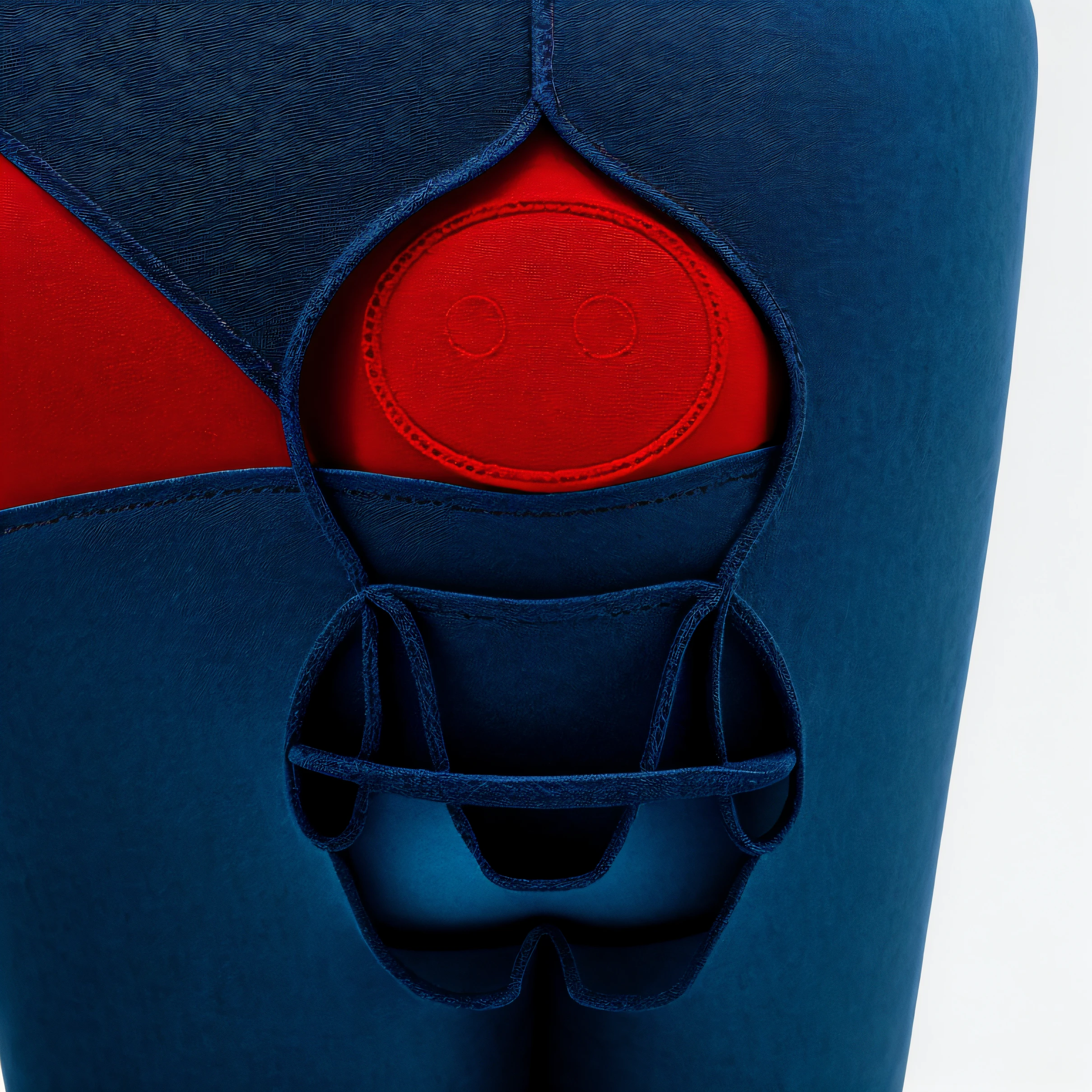 Close-up of red toys, Wear blue suspenders，3D model of a Japanese mascot, plushies，Fabric texture