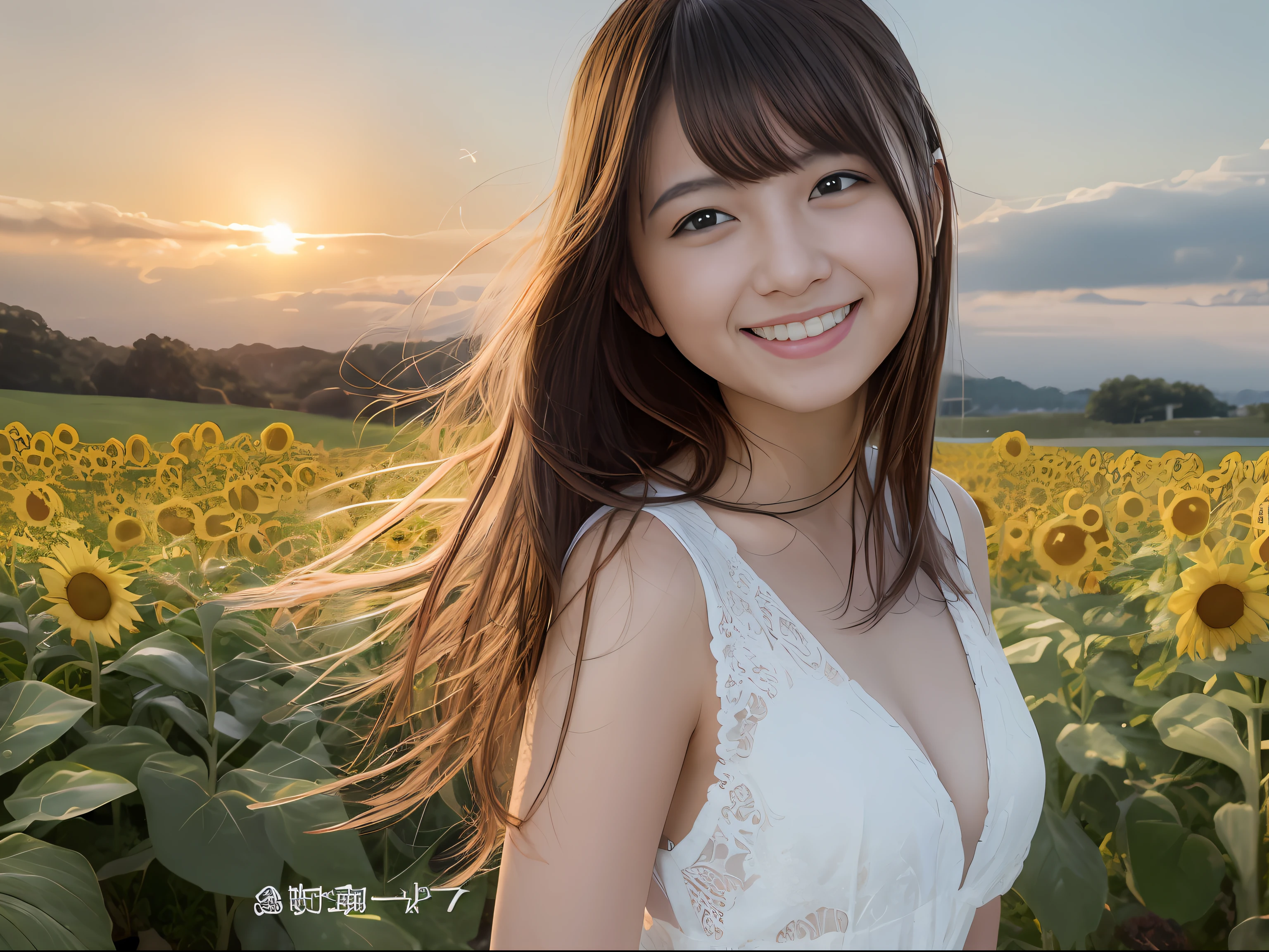 Splash Art　Happy smile　realisitic　Live action　-yeld wo　Looking at the camera　Close to face　White sheer dress　Background ball bokeh、Orange sunset、In the sunflower field