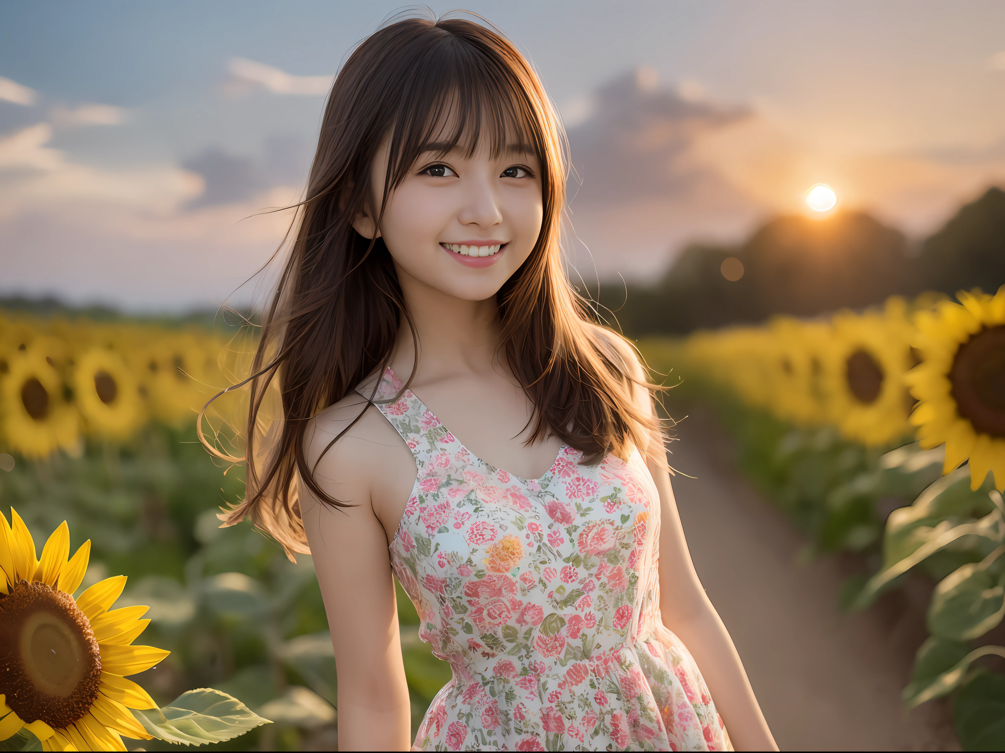 Splash Art Happy smile realisitic Live action 17-year-old woman Looking at the camera Close to face Sheer dresses Background ball bokeh、Orange sunset、In the sunflower field Summer attire Shoulder out a miniskirt Standing posture