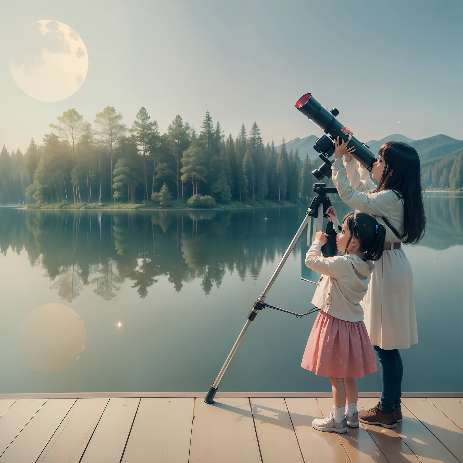 A woman with a little girl looks through a telescope at the sky in front of a lake, trees, stars and the moo
