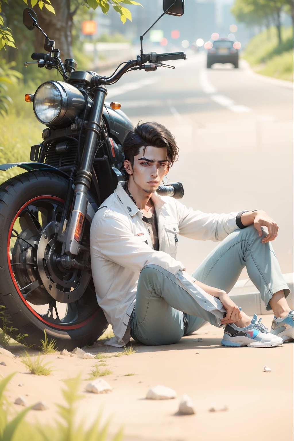 Background change cyberpunk handsome boy with brand car ultra modem realistic face