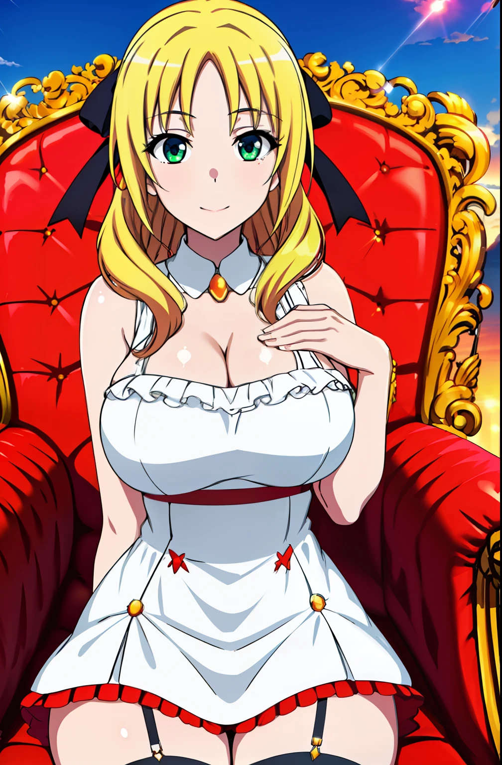 Outdoor,Sunset, Twilight,, Castle,Red_sky,Sunlight, Sunrise, back lit lighting,Cloud, Cloudy_sky,mountainous_horizon, Orange_sky,
sitting on a Gold and red Throne,(Close-up),diffraction_Spikes,Sparkle,
offcial dress,tiara crown,Exposed breasts,cleavage
Blonde_Hair, green-eyed,black_ribbon,Hair_ribbon,Long_Hair,
1 girl, 20yr old,Mature female,Beautiful Finger,Beautiful long legs,Beautiful body,Beautiful nose,Beautiful character design, Perfect eyes, Perfect face,
view the viewer,
NSFW,offcial art,Extremely detailed Cg Unity 8K wallpapers, Perfect lighting,Colorful, Bright_Front_face_lighting,
(Masterpiece:1.0),(Best_quality:1.0), 超A high resolution,4K,Ultra-detailed,
Photography, 8K, hdr, A high resolution, absurderes:1.2, Kodak Portra 400, filmgrain, The background is blurred out, Bokeh:1.2, Lens flare, (vibrant_Color:1.2)
(Beautiful,Large_Breasts:1.4), (Beautiful_face:1.5),(Narrow_waistup),