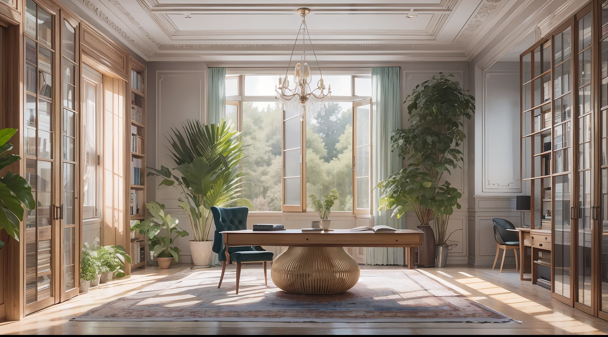 Minimalist style，study room，Rare flowers and plants（1:0.005），suns rays，Large simple desk，bookshelves，sofe，Clean walls，Clean ceilings，No main light design，an award winning masterpiece，The details are incredible，big window，highly  detailed，Harper's Bazaar art，fashion magazine，fluency，Clear focus，8K，rendering by octane