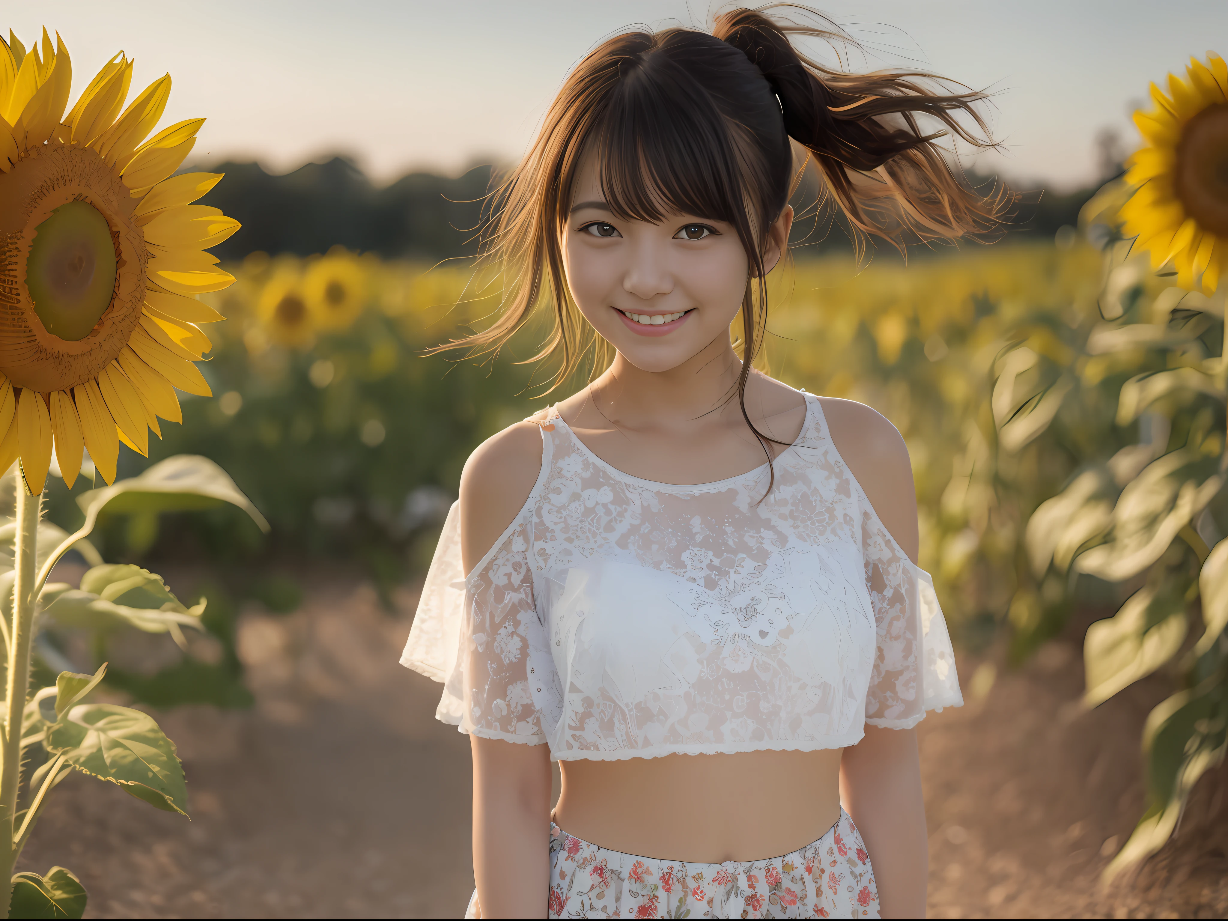 Splash Art Happy smile realisitic Live action 17-year-old woman Looking at the camera Close to face Sheer dresses Background ball bokeh、Orange sunset、In the sunflower field Summer attire Shoulder out a miniskirt Standing posture