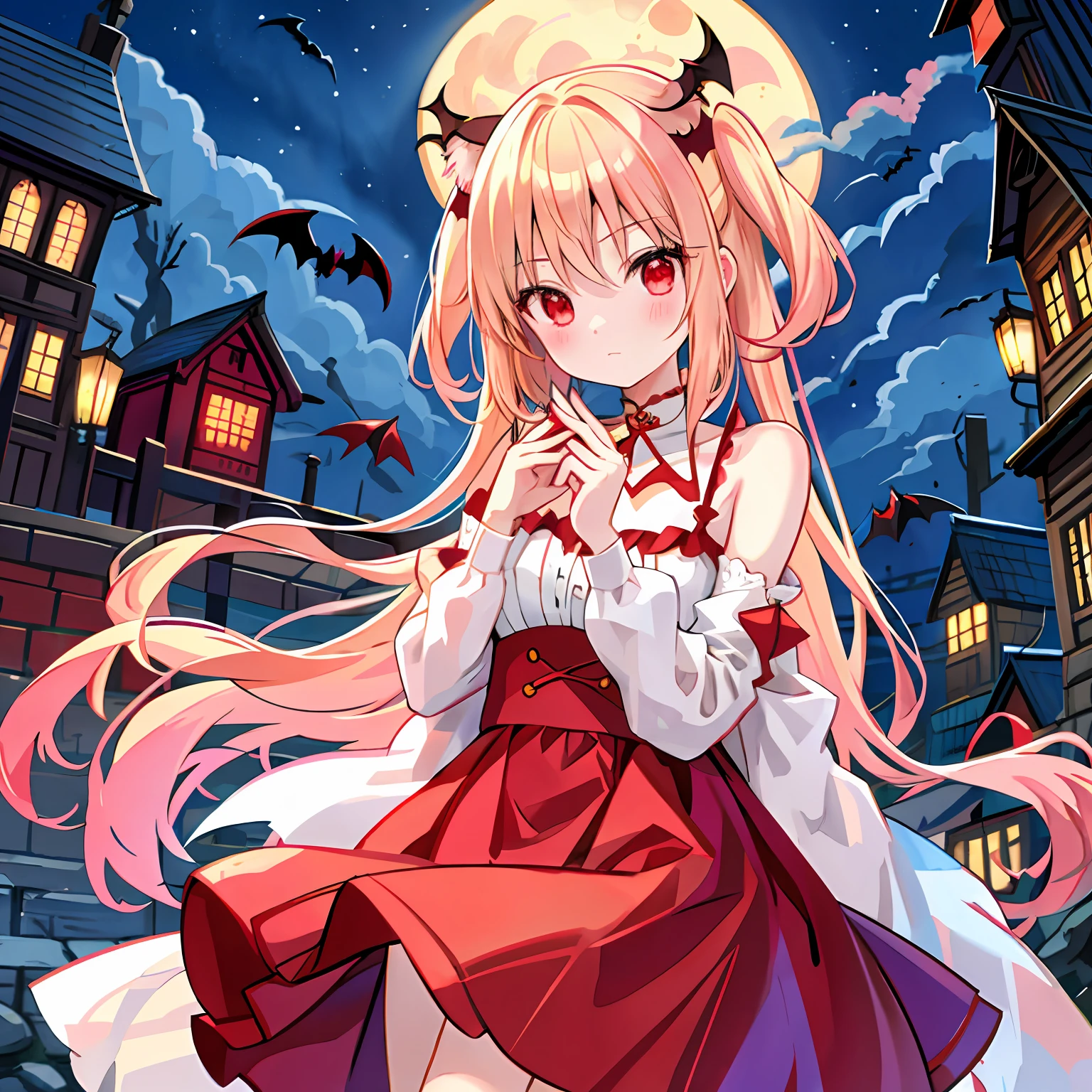red blush、blonde hair、red eyes、Beautiful girl alone、animesque、独奏、lonely、Vampires、the bats、a moon、natta、doress、off shoulders