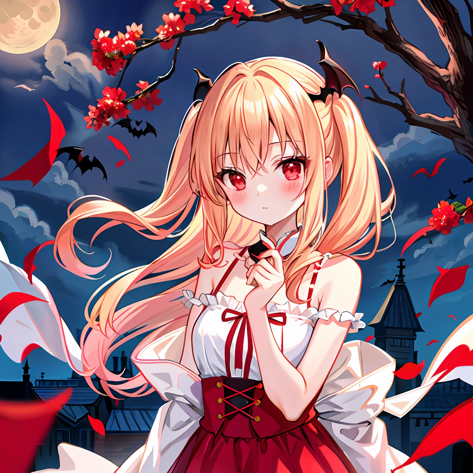 red blush、blonde hair、red eyes、Beautiful girl alone、animesque、独奏、lonely、Vampires、the bats、a moon、natta、doress、off shoulders