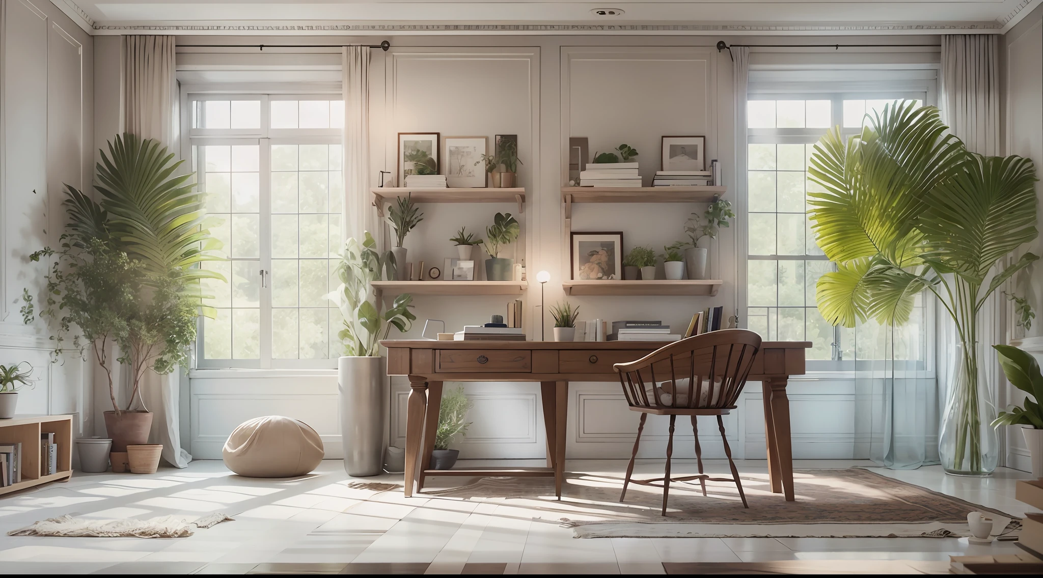 Minimalist style,study room,Rare flowers and plants(1:0.005),suns rays,Large simple desk,bookshelves,sofe,Clean walls,Clean ceilings,No main light design,an award winning masterpiece,The details are incredible,big window,highly detailed,Harper's Bazaar art,fashion magazine,fluency,Clear focus,8K,rendering by octane