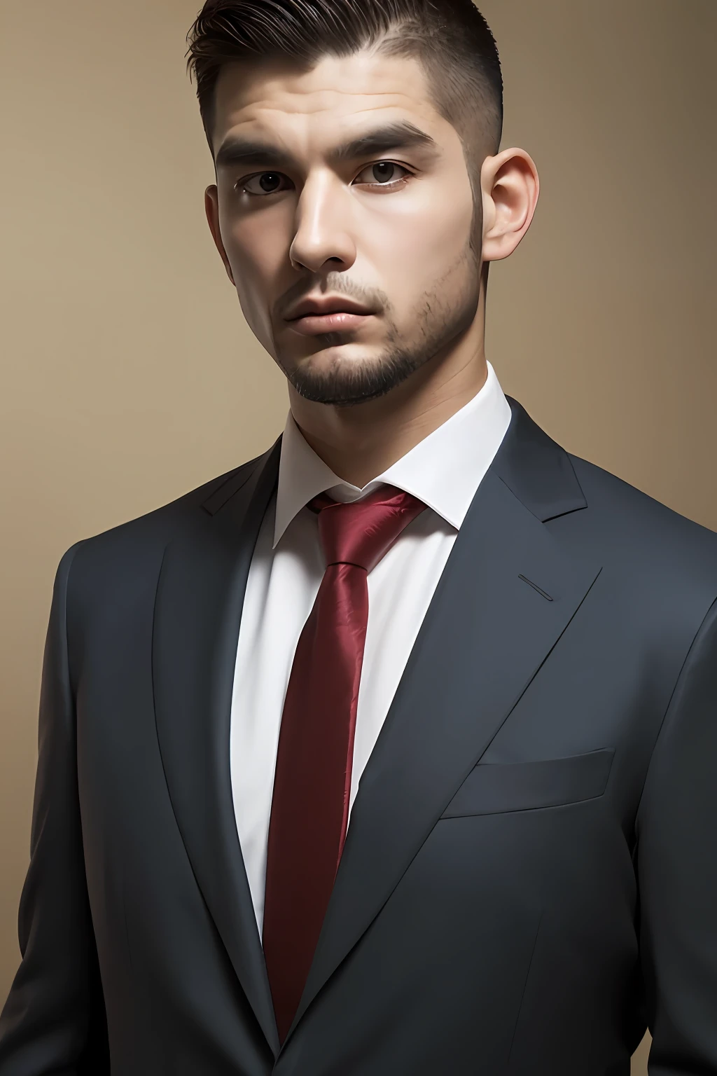 1man, solo, portrait of khabibnurmagomedov wear suit and tie, beard, serious, details, realistic, photography, blurry background, softfocus