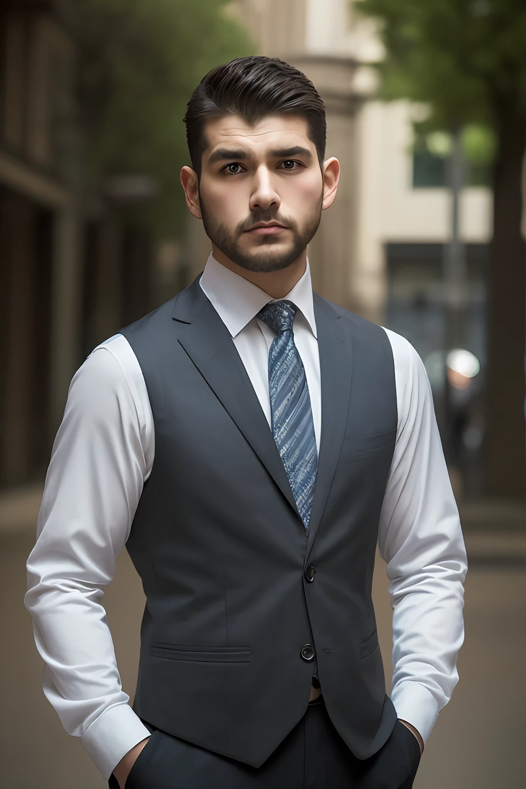 1man, solo, portrait of khabibnurmagomedov wear suit and tie, beard, serious, details, realistic, photography, blurry background, softfocus