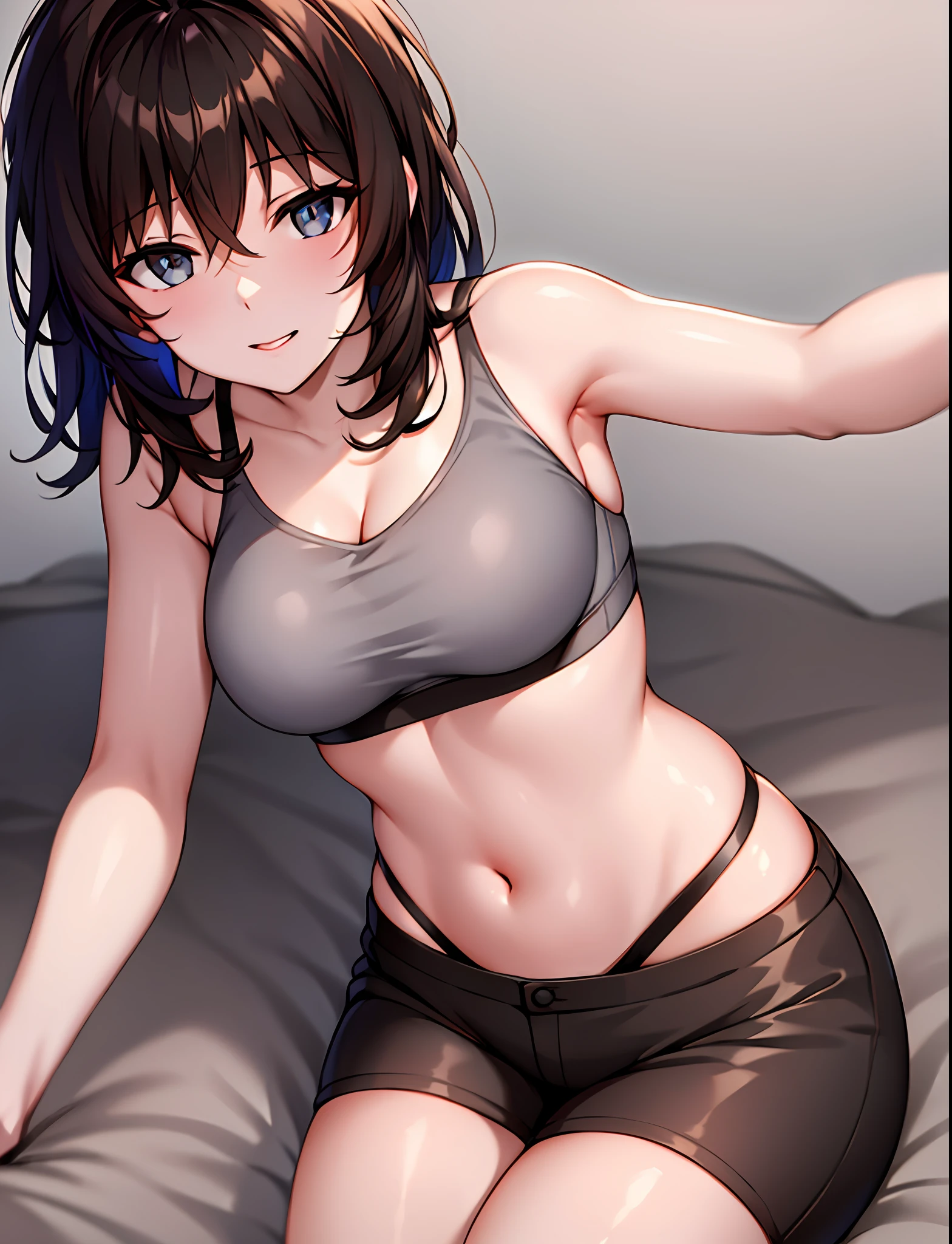 POV, Brown Haired Beautiful Woman in Grey Shorts and Bra, lying next to you on a bed, over top angle,