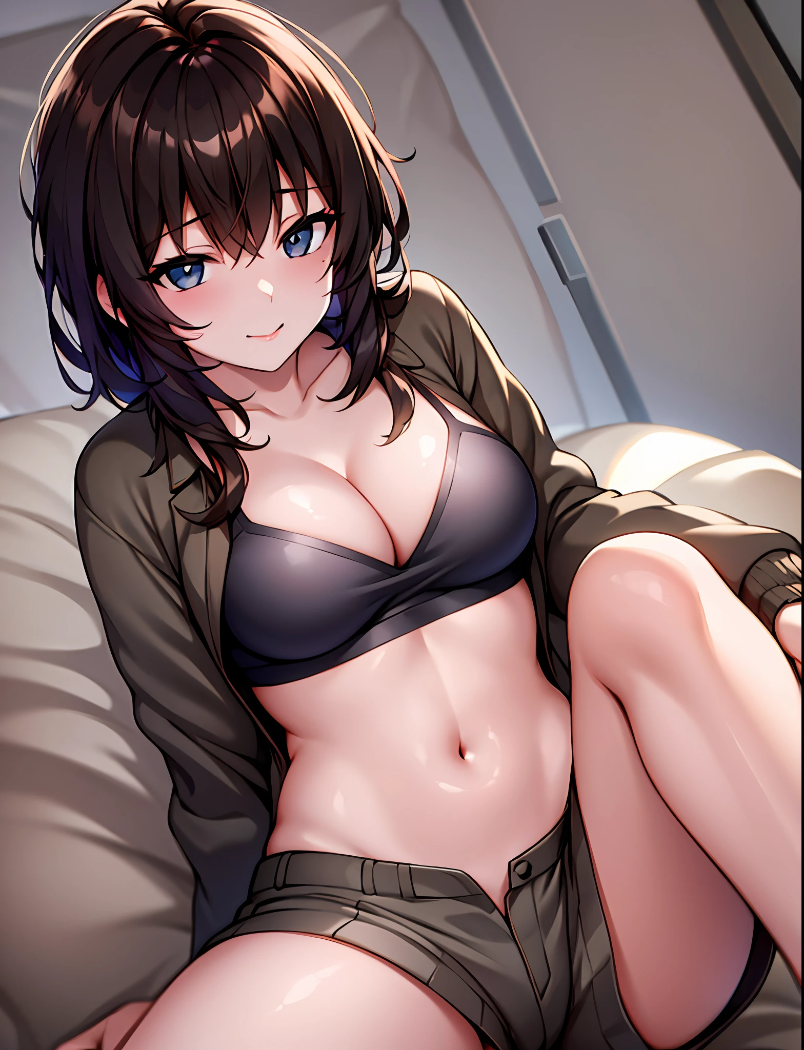 POV, Brown Haired Beautiful Woman in Grey Shorts and Bra, lying next to you on a bed, over top angle,