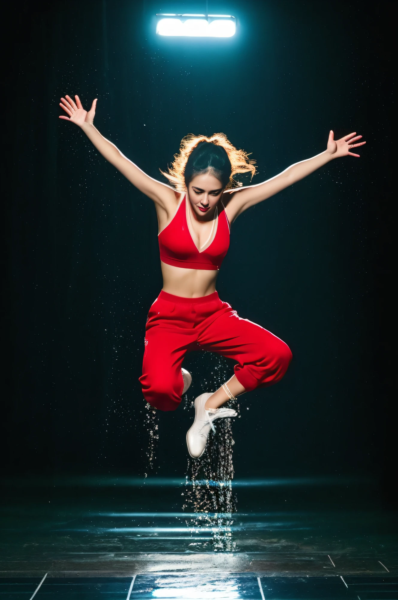 top-quality、a picture、(Photorealsitic:1.4)、(hyper realisitic:1.4)、(Cinematic:1.5)、20-year-old woman、Long、(beautiful and delicate face:1.5)、High-quality eyes、dancers、Jump high、neon light、large puddles、splash water、Red sweatpants、Red Sports Bra、
