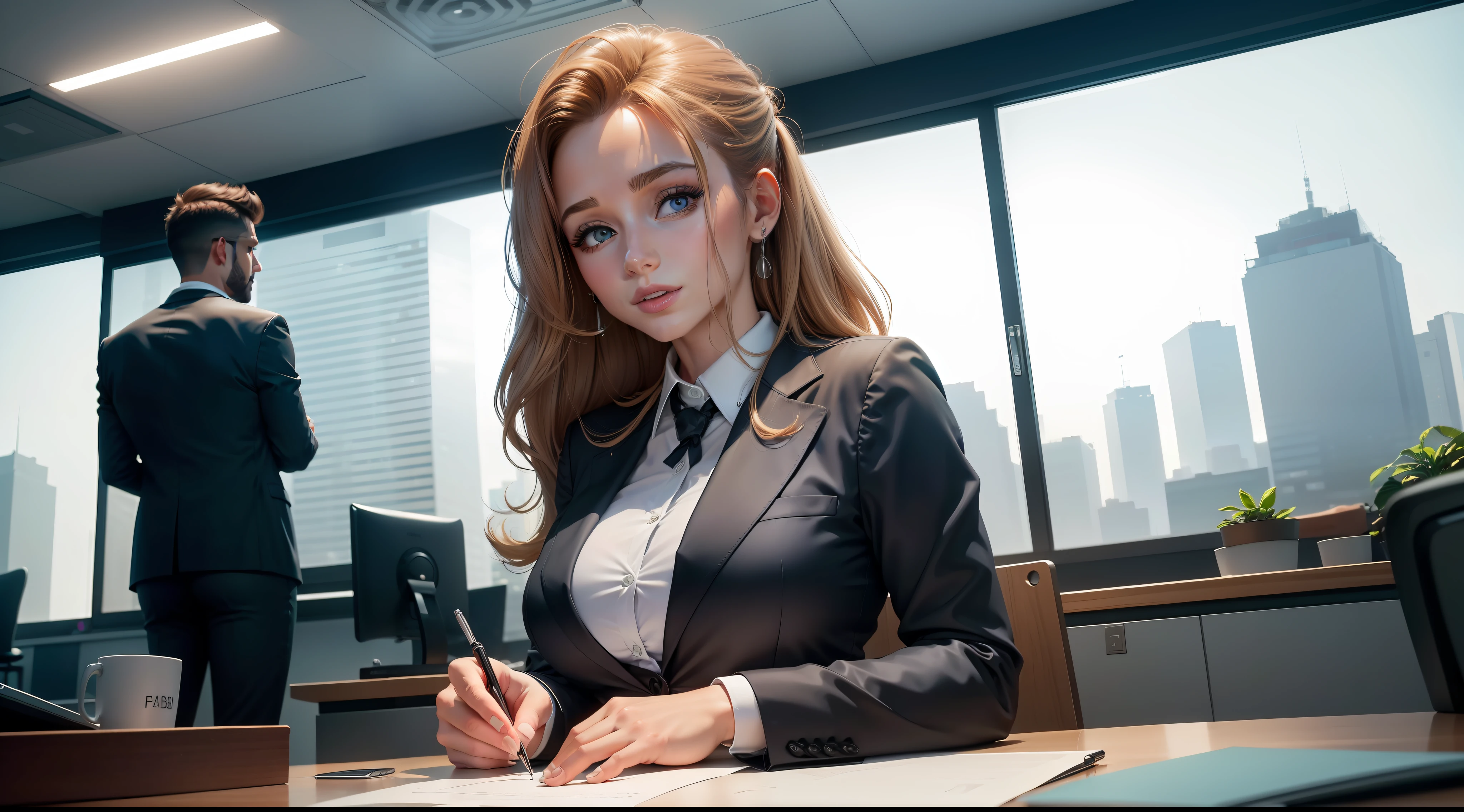 (imagem baseada no Seed: 2894623856) an office desk with a computer, Na tela do computador, showing financial charts, ((actress Lena Paul looks very pretty in business clothes)),In the background, an all-glass wall showing the surrounding buildings, (melhor qualidade) (4k resolution), Realistic, muitos detalhes,
