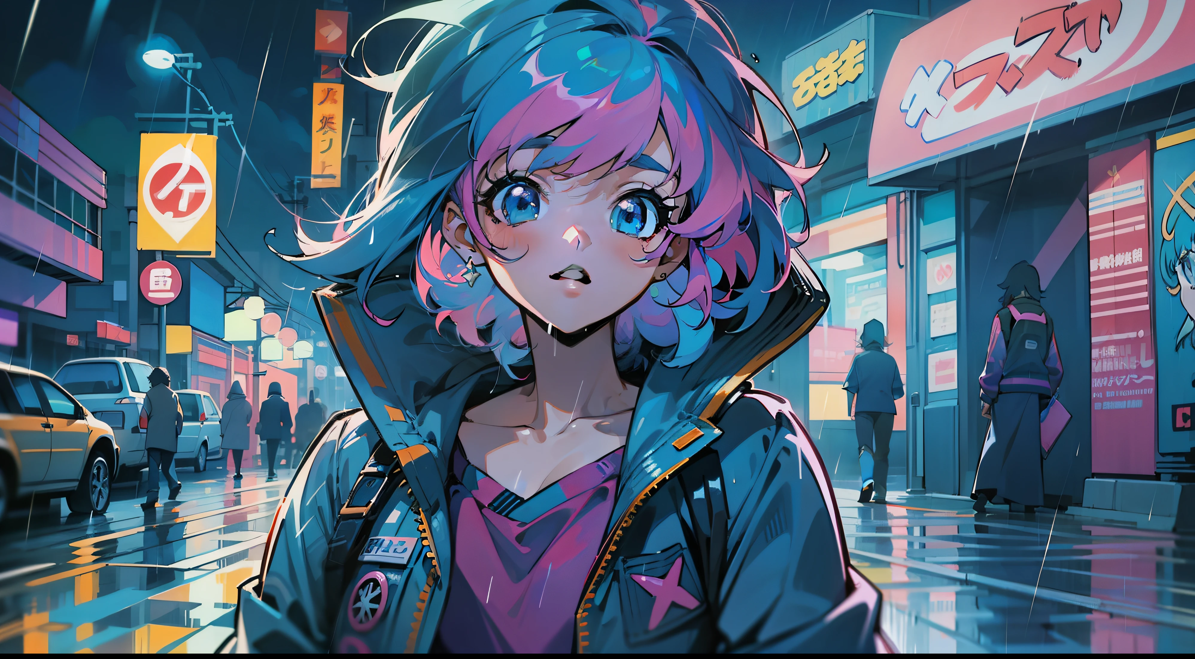 Anime girl walking down street in rain at night,, in the art style of 8 0 s anime, the anime girl is running, ' ramona flowers ', cosmic girl, style of anime4 K, 8 0 s anime art style, Praise Artstyle, official fanart, Anime style illustration