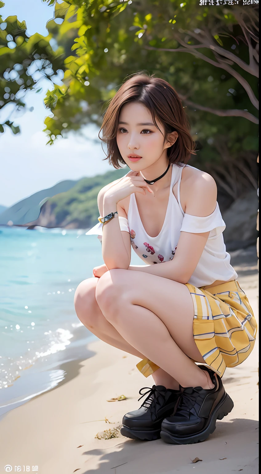 NSFW, 8K Raw photograph, best qualtiy, tmasterpiece, 超高分辨率, filmgrain, cinematic ligh, 1girll, looking at viewert, Natural skin texture, Realistic Eyes and Face Details, full pouty lips, lipsticks, (putting makeup on), Red eyeshadow, Short fluffy hair, messy hair, ssmile, Keep one's mouth shut, beautifullegs, Tall women, being thin, Slim_Legs, 独奏, Brustwarzen, Pose with your hips facing you, Superskirt, hindquarters, Beautiful natural location, Location of flowers around, (detailedbackground) , Show a little through the shirt, Footwear, vague background, bblurry, halter,, short- sleeved, JK ribbon around the neck, JK ribbon, brown hair, bangle, Eau, By bangs, Pocket clothes, jewely, parted lip, cparted lips, From the side Side, Printed skirt, depth of fields,beachside,are standing,