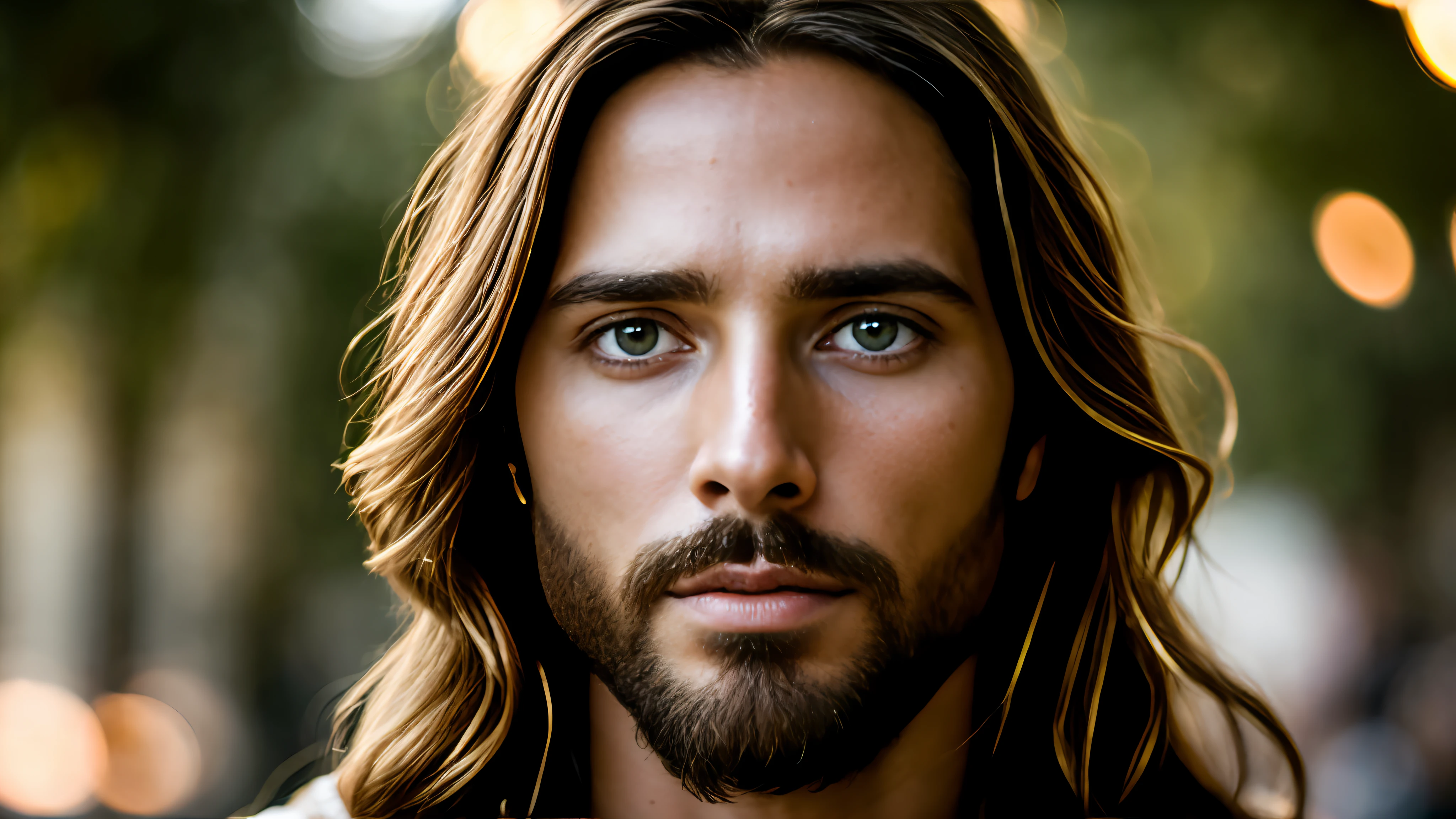 portrait of modern day Jesus, cinematic lighting, depth of field, bokeh, realism, photorealistic, hyperrealism, professional photography, uhd, dslr, hdr