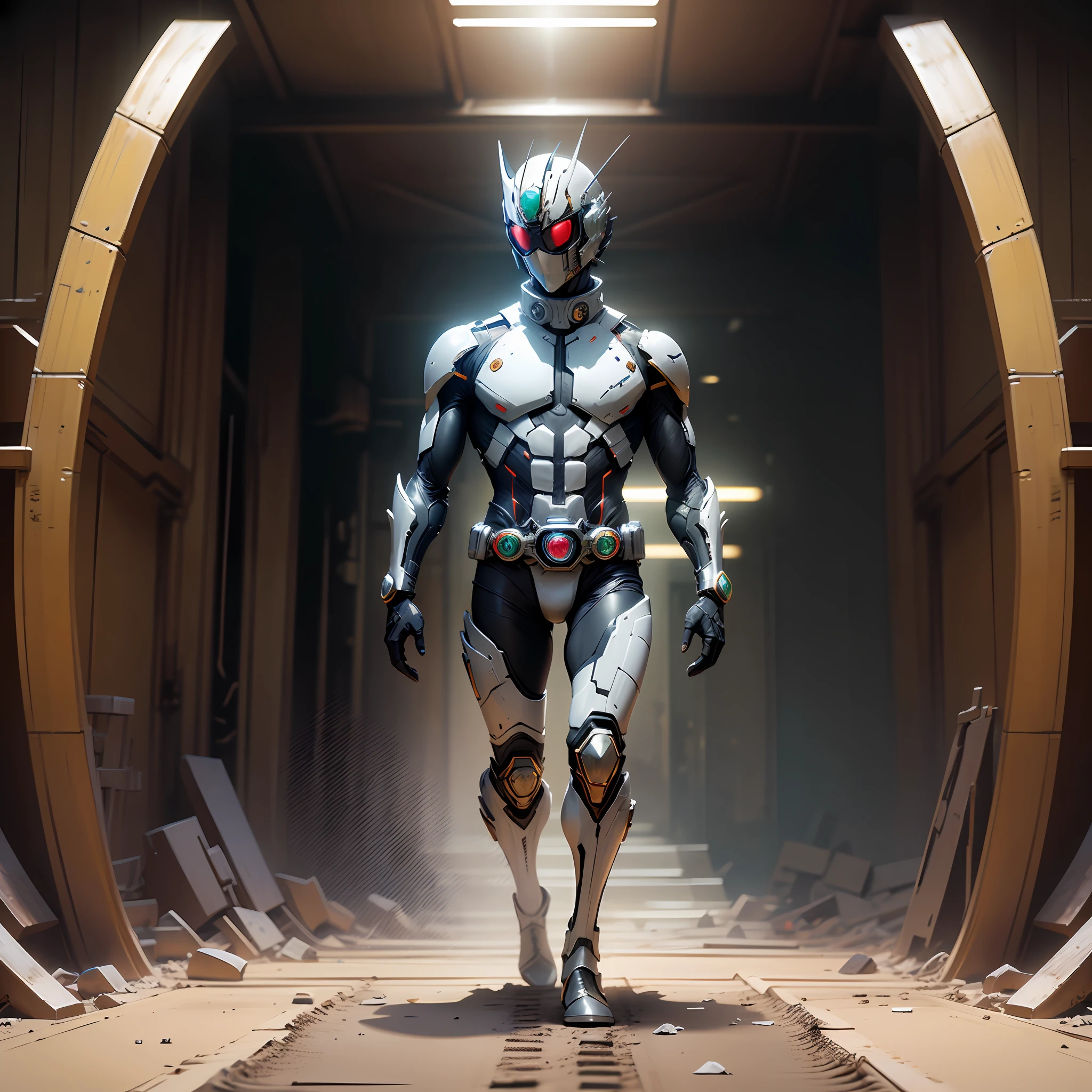 Full body of Kamen Rider Black, Solo, hyper realistic, Japanese tokusatsu, metal black surface, glowing red eyes, henshin pose, perfect lightninh, battle scenes, --auto