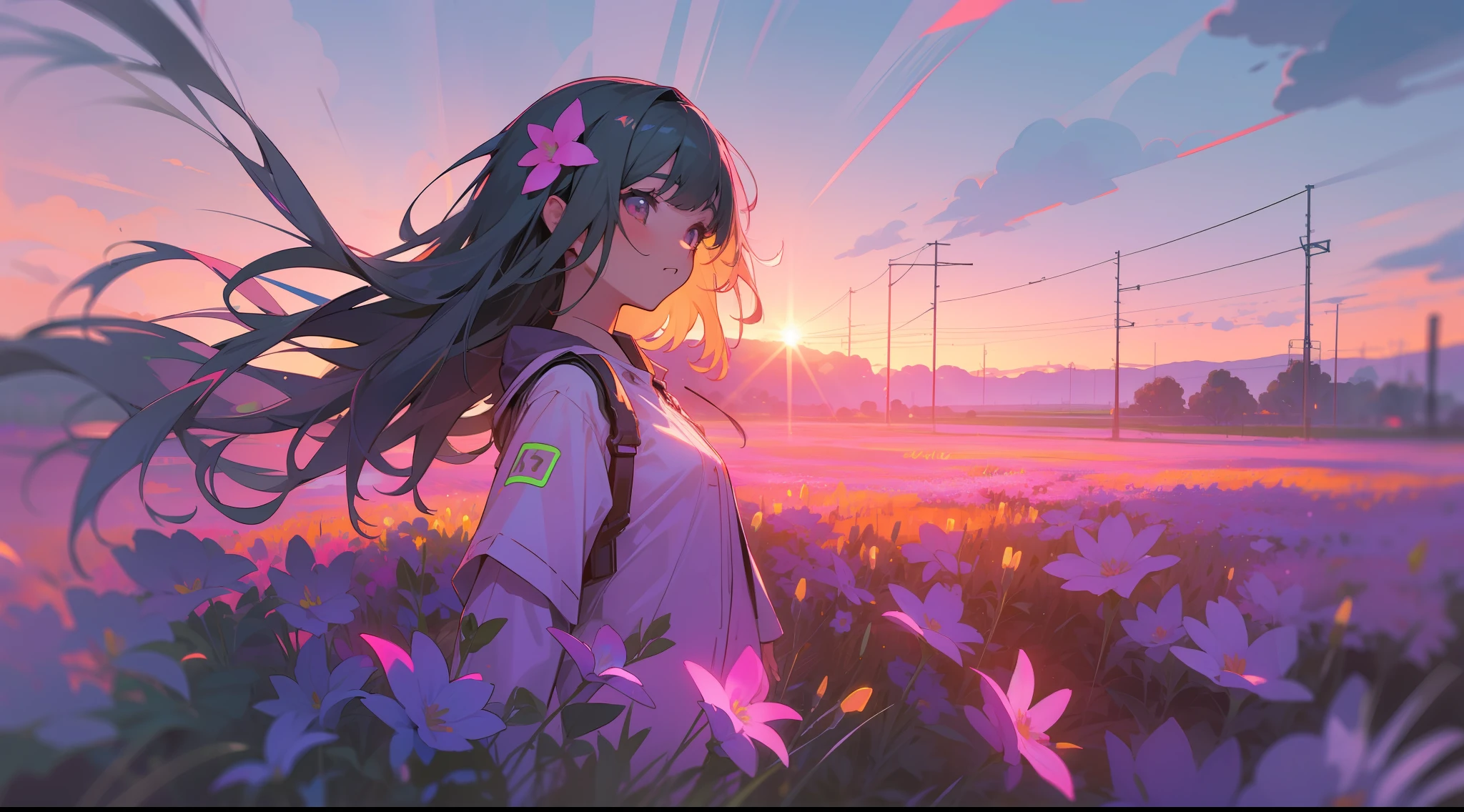 girl in field, (((field of neon flowers))), mid shot, portrait, clouds, sunrise