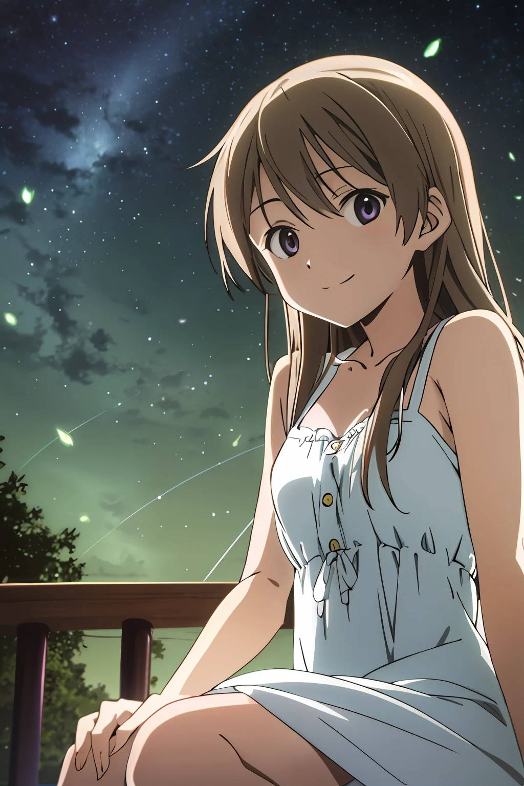 (highres, best quality:1.2), 1girl, radiance, soft contours, beautiful drawing, upper body, concept art, eyelashes, kyoani hyouka style, detailed background, bright colors,
eila ilmatar juutilainen, smile, 
sitting, looking up, looking at viewer, brushing hair, 
((White dress)), hairpin in hair, night sky, stars, flickering fireflies