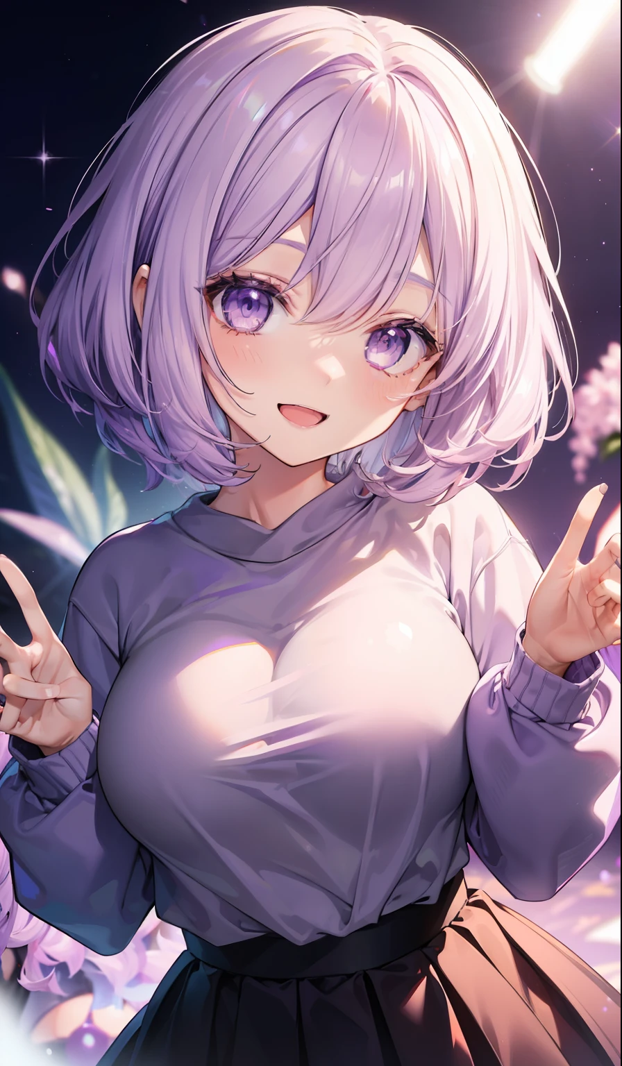 woman, ((female face)), happy, ((smiling, open mouth)), ((light lilac eyes)), nose, ((giant lilac hair)), ((fringe)), ((sweatshirt)), ((skirt)), ((body lights effect))