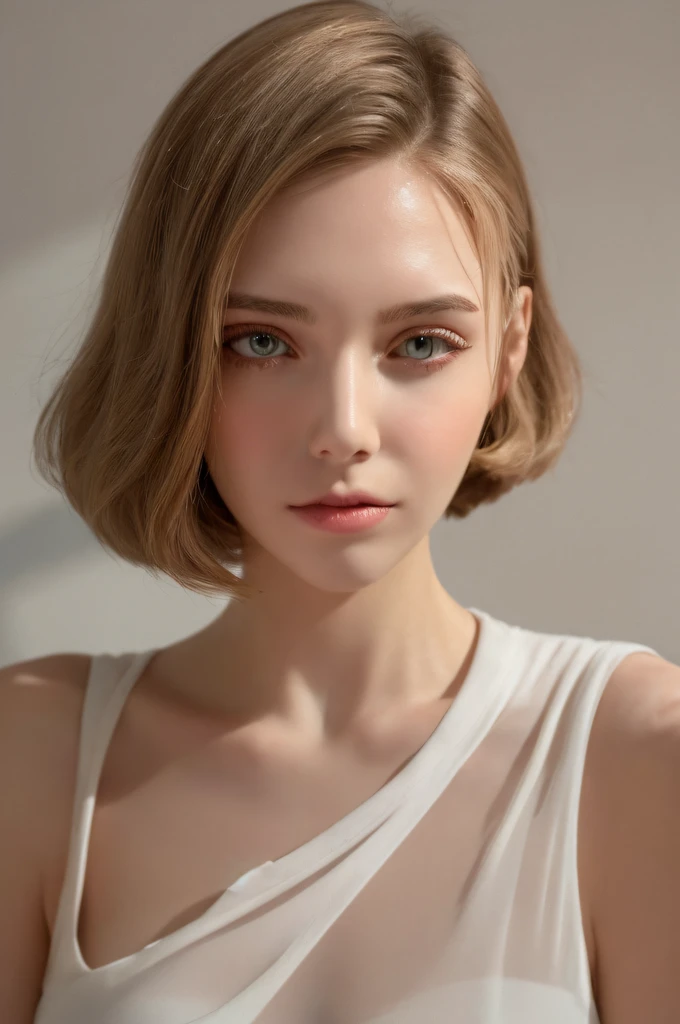 Portrait-style photographs, portrait photography, voluminous lighting, one girls, wicked smile, Dynamic lighting blonde with blue eyes in black hat and white shirt, Soft, Perfect, pale skin;, perfect white haired girl, soft portrait shot 8 k, pale glowing skin, Girl with gray hair, beautiful pale makeup, soft pale golden skin, soft pale white skin, High Quality Portrait, natural soft pale skin, medium portrait soft light, girl with short white hair, hair light, Casual style of clothing, breasts of the second size, hairlong, white colored hair, chuuChloe,