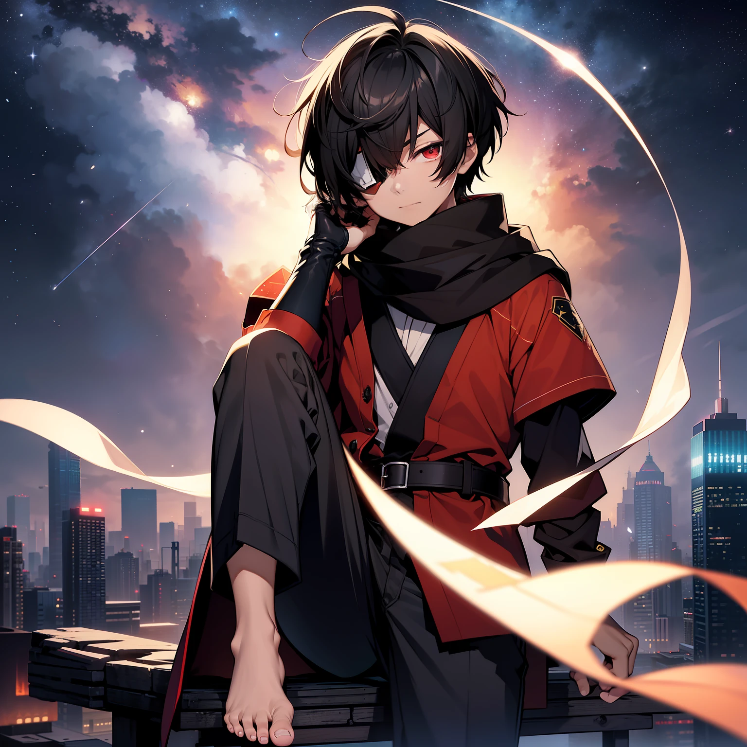 masterpiece, best quality, night, stars, sky, comic, Chinese, bust, shota, shota, solo, short hair, black hair, ahoge, crossed bangs, crossed bangs, smug, red eyes, robe, barefoot, elbow gloves , scarf, eyepatch, pants