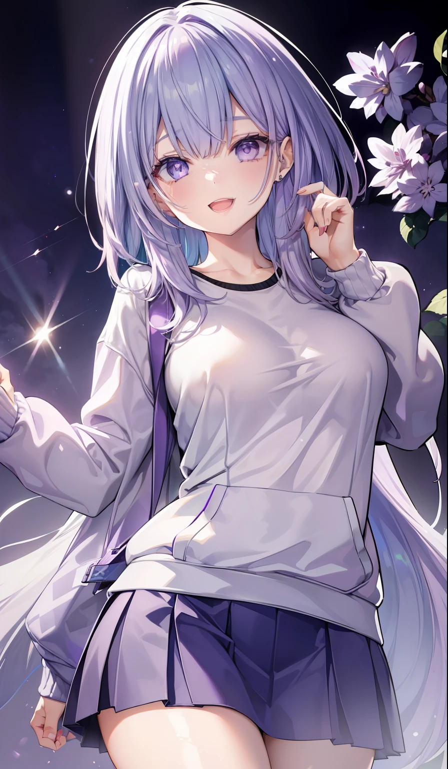 woman, ((female face)), happy, ((smiling, open mouth)), ((light lilac eyes)), nose, ((giant lilac hair)), ((fringe)), ((sweatshirt)), ((skirt)), ((body lights effect))