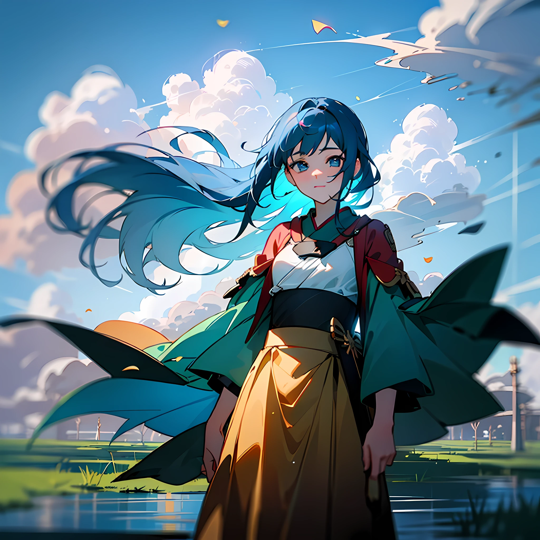 The first paragraph：Clear and delicate and beautiful CG artwork，best qualityer，A high resolution，Dynamic angles and postures，A girl，blue color eyes，red tinted hair，White martial arts costume，Neck strap，Beautiful face，Float on the water under the setting sun，water dripping，Clouds，Watercolor effect。

Second paragraph：Extremely detailed CG artwork，best qualityer，The best lighting and shadows，A blue petal floating in the forest，Magnificent and delicate，The wind blows the leaves and meadow，Deep depth of field，Light and shadow in the forest，Pink petals fall in the air，A natural experience。

Third paragraph：Extremely detailed CG artwork，best qualityer，The best lighting and shadows，A blue petal floating in a colorful forest，Magnificent and delicate，Toys are scattered around，The leaves are blown by the breeze，The beautiful grass has water droplets splashing，Experience a magical journey floating in gorgeous scenery。