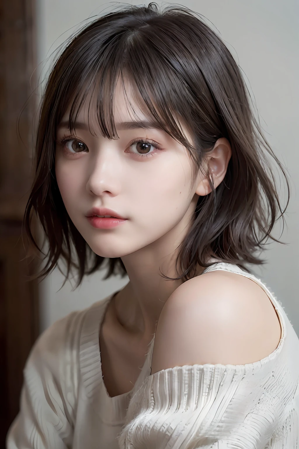 (masterpiece:1.3), (8k, photorealistic, RAW photo, best quality: 1.4), (1girl), beautiful face, (realistic face), (black hair, short hair:1.3), beautiful hairstyle, realistic eyes, beautiful detailed eyes, (realistic skin), beautiful skin, (sweater), absurdres, attractive, ultra high res, ultra realistic, highly detailed, golden ratio