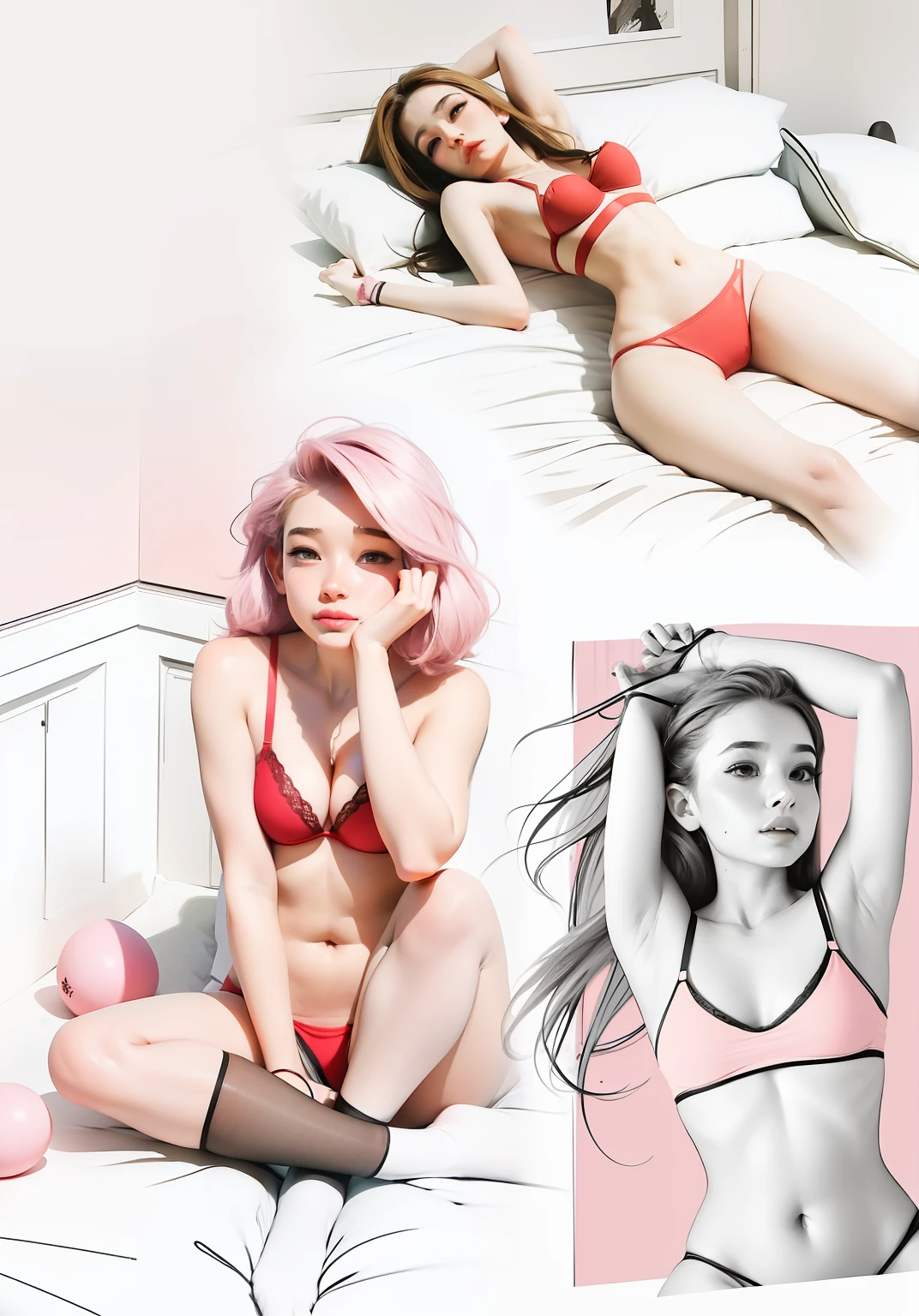 There is three girls, girl 1 is laying on the bed and wearing red bra and red panties, girl 2 is sitting and wearing green shirt and black stocking, girl 3 is up against the wall and wearing pink bikini outfit, comic drawing, digital art style.