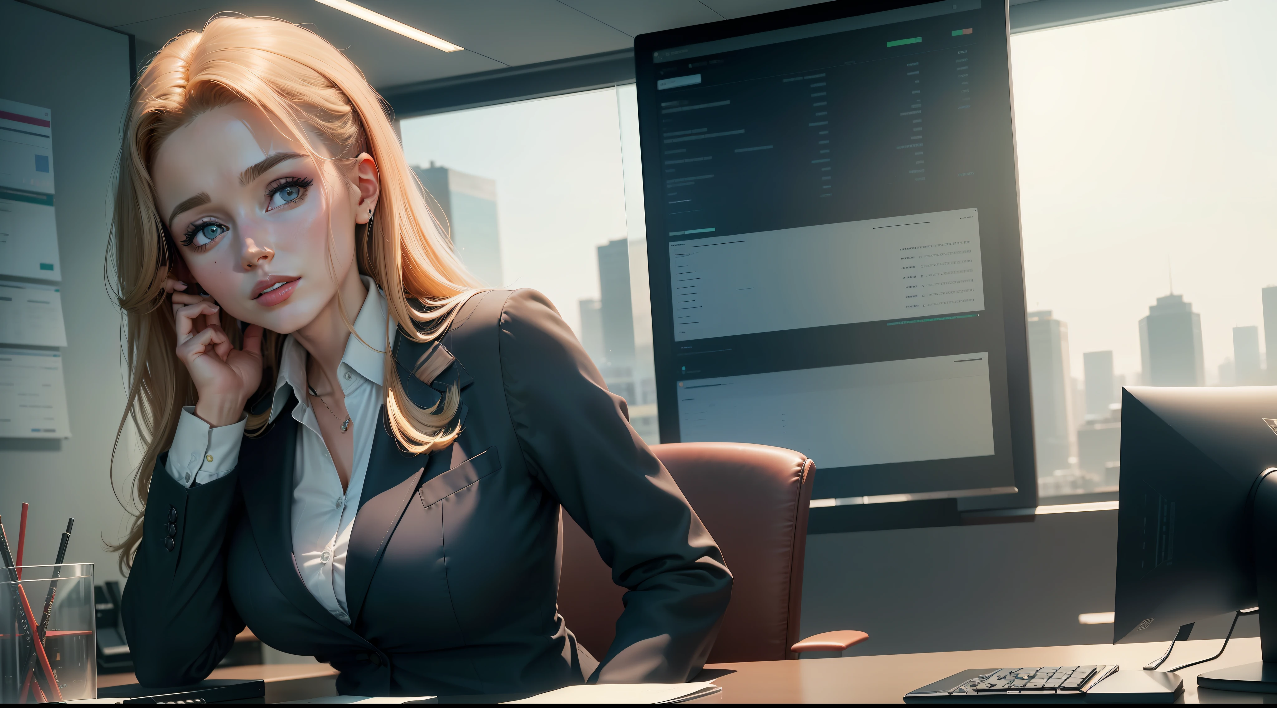 (imagem baseada no Seed: 5DE4CE749F) an office desk with a computer, Na tela do computador, showing financial charts, ((actress Lena Paul looks very pretty in business clothes)),In the background, an all-glass wall showing the surrounding buildings, (melhor qualidade) (4k resolution), Realistic, muitos detalhes,
