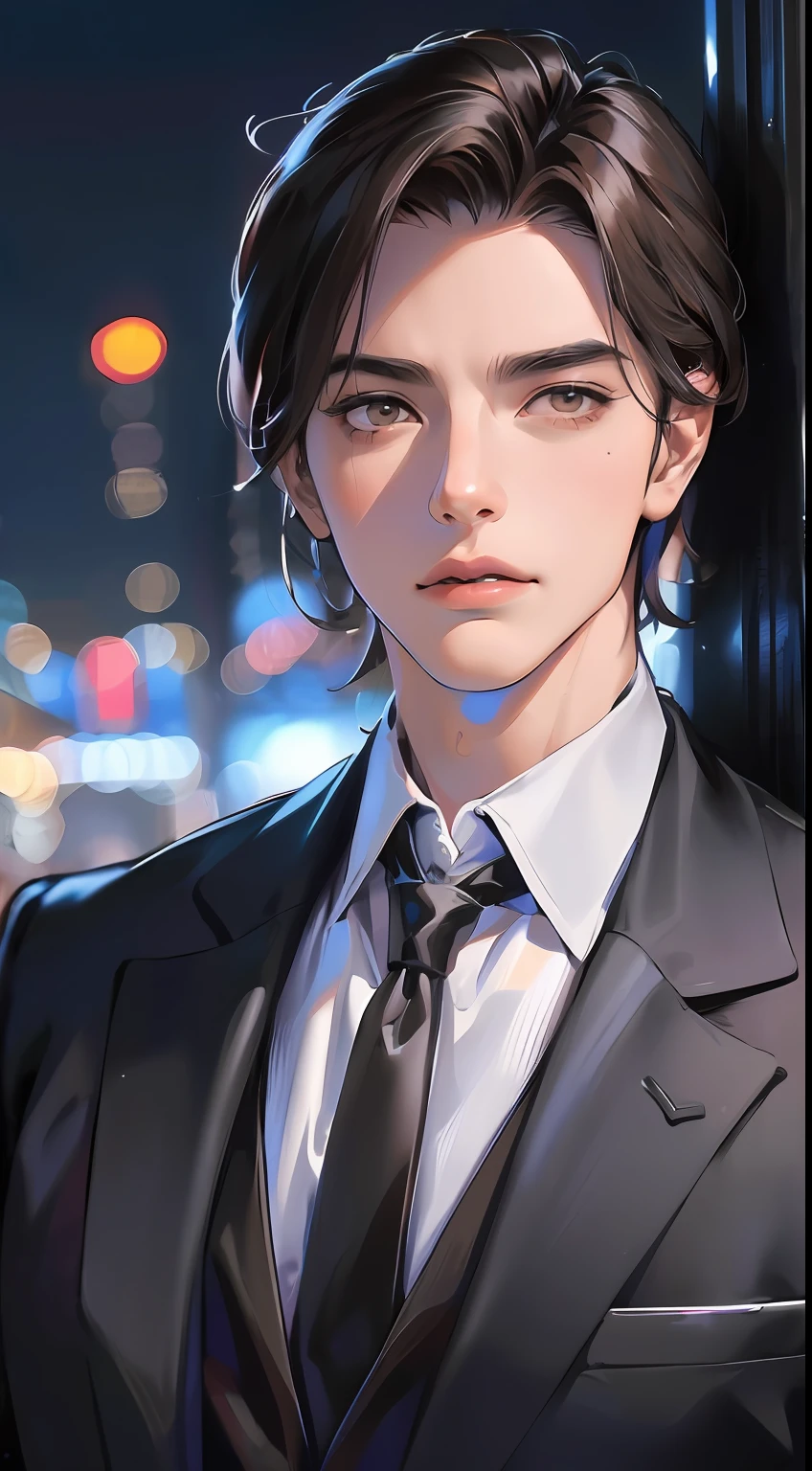 (absurdres, highres, ultra detailed, realistic, ), 1 male, solo, adult, mature, tall muscular guy, broad shoulders, handsome, very short hair, black hair, brown eyes, angular jaw, thick neck, thick eyebrows, night, dark, the night view of the city background, formal suit, necktie, upper body