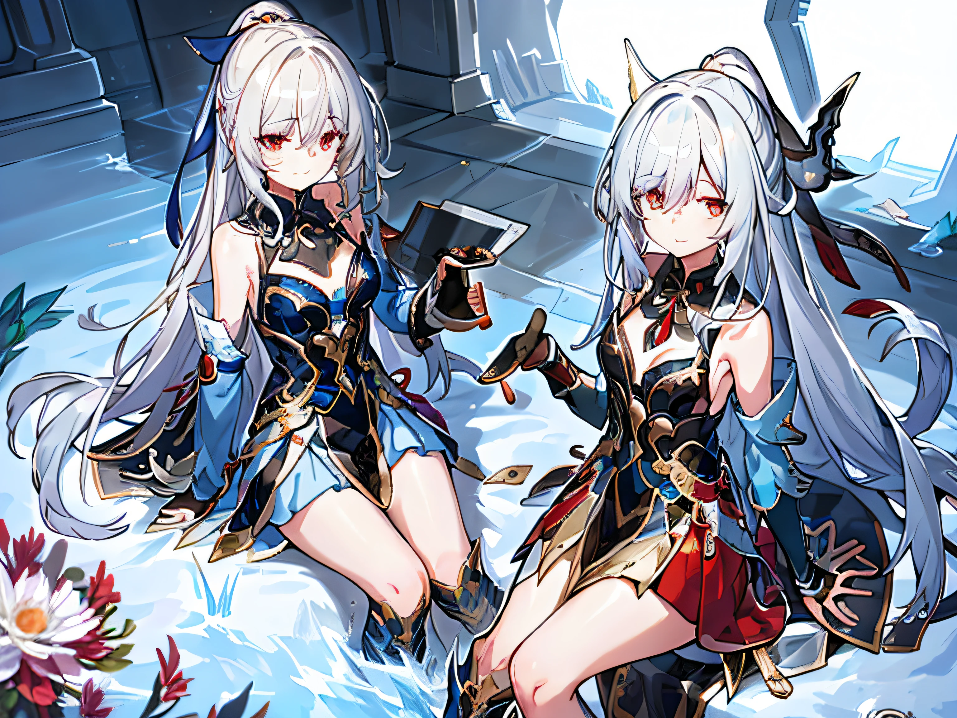 masterpiece, top-quality, JingliuV4, 1girl in, 独奏, looking at the viewers, a closed mouth, gloves, doress, Black Gloves, Detached sleeves, Hands behind,Sit up