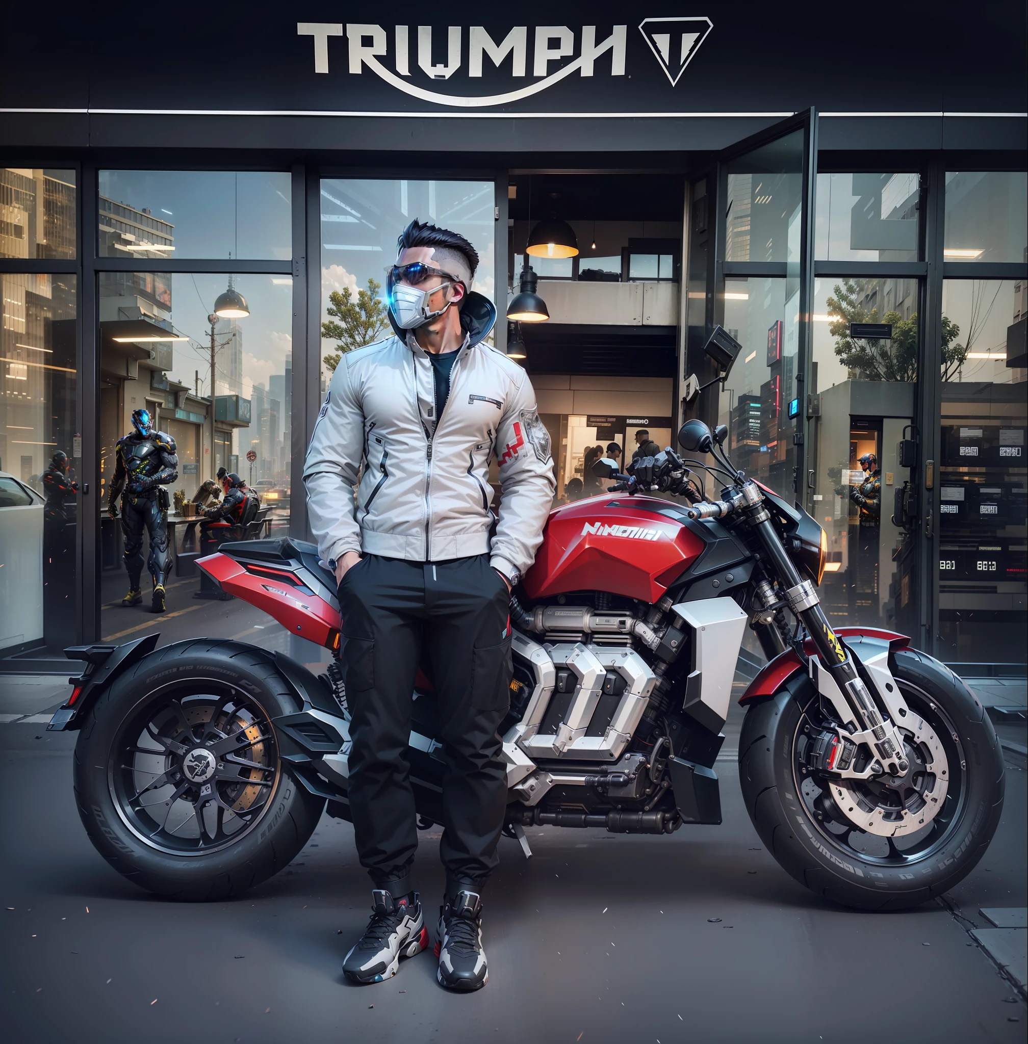 Strong and handsome male cyberpunk warrior,Cyberpunk mechanical motorcycle,High-tech black high-tech helmet,Nousr, Biomechanicals, MSHN Robot Man,High-tech helmet,hyper realisitc, Steel, Complex design, insanely details, finely detailled, Extremely clear lines, cinmatic lighting, photograph realistic, A detailed masterpiece