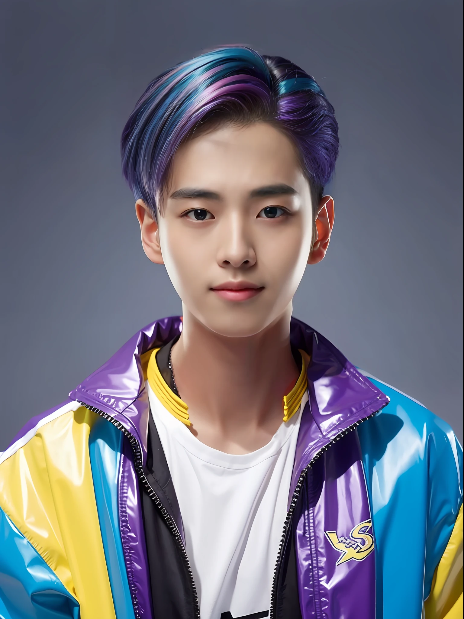 A 16-year-old male high school student,Wearing PVC yellow,Purple colored hair