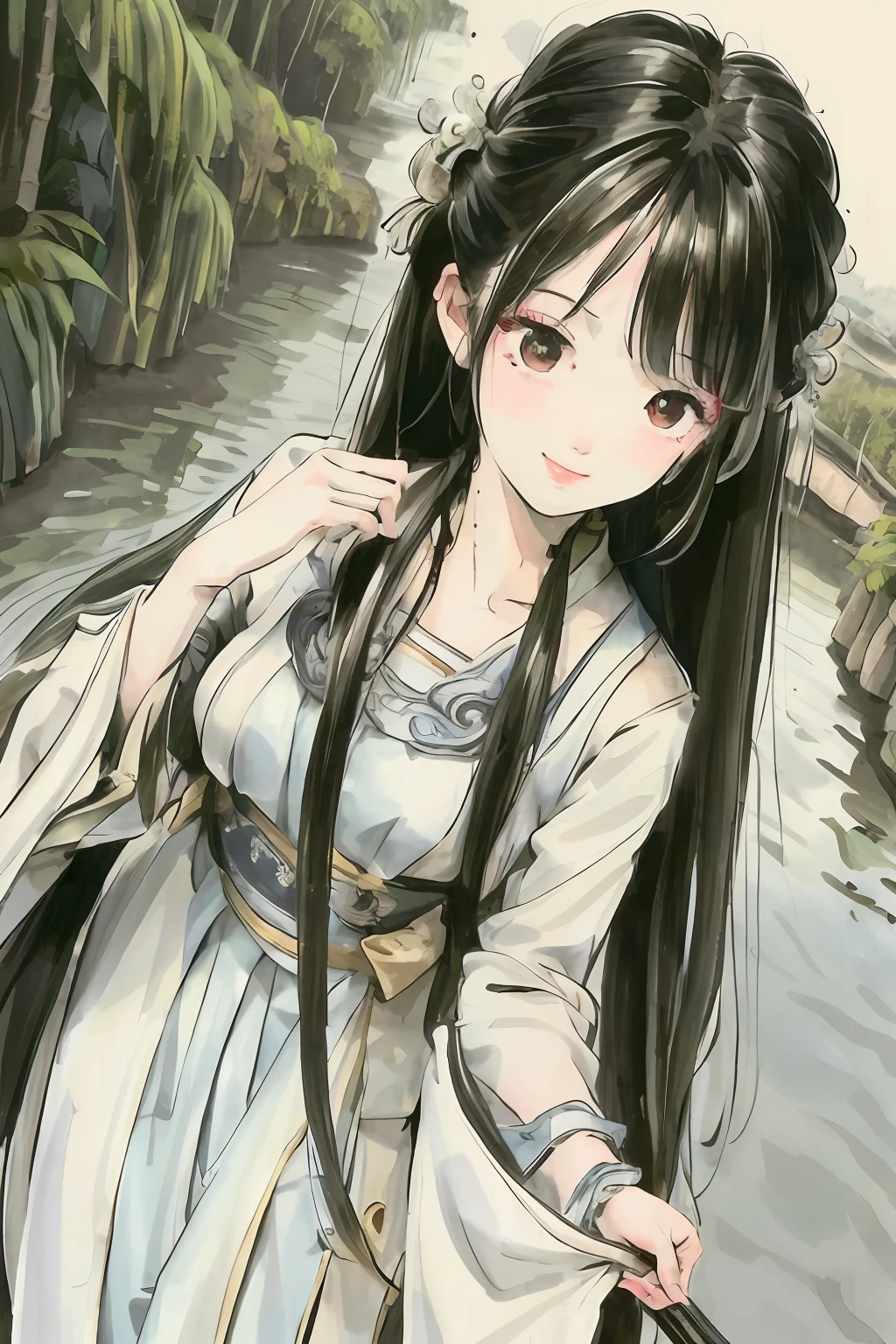 hyper-high detail, Official art of masterpiece quality, 8K wallpaper, Exquisite illustrations, one-girl, Dense black hair flow, Clear lake, Pure beauty smile, bamboo forest background.