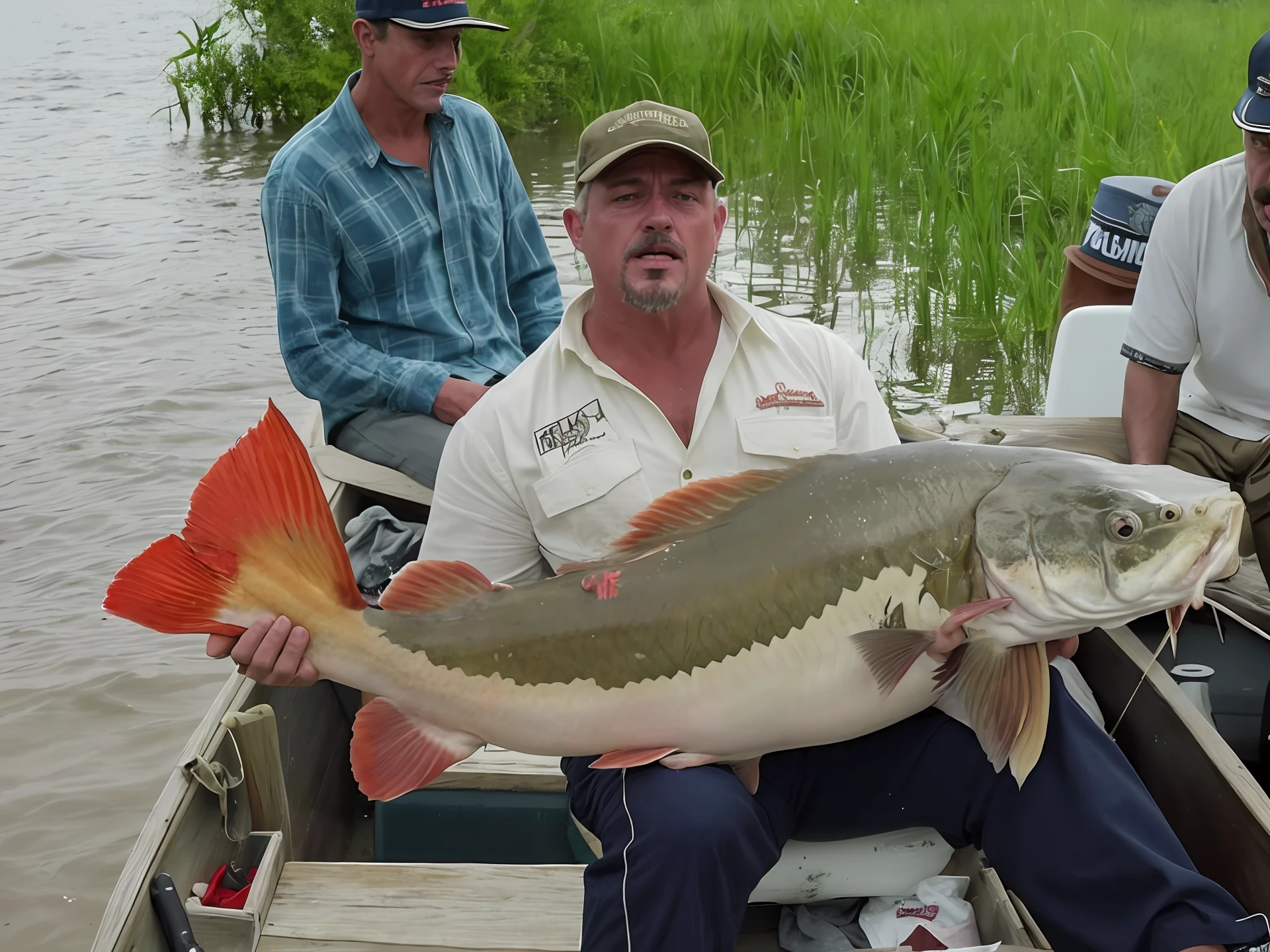 There are three men sitting in a boat holding a large fish, escalas muito grandes, com uma boca muito grande, a foto mostra um grande, boca grande, Directed by: Darrell Riche, Paulo Pepera, Directed by: Juan Carlos Stekelman, Scott Fischer, macho, diego koi, Greg Rutkovsky, French Man, Luisiana, Directed by: Robert Brackman, grande)}]