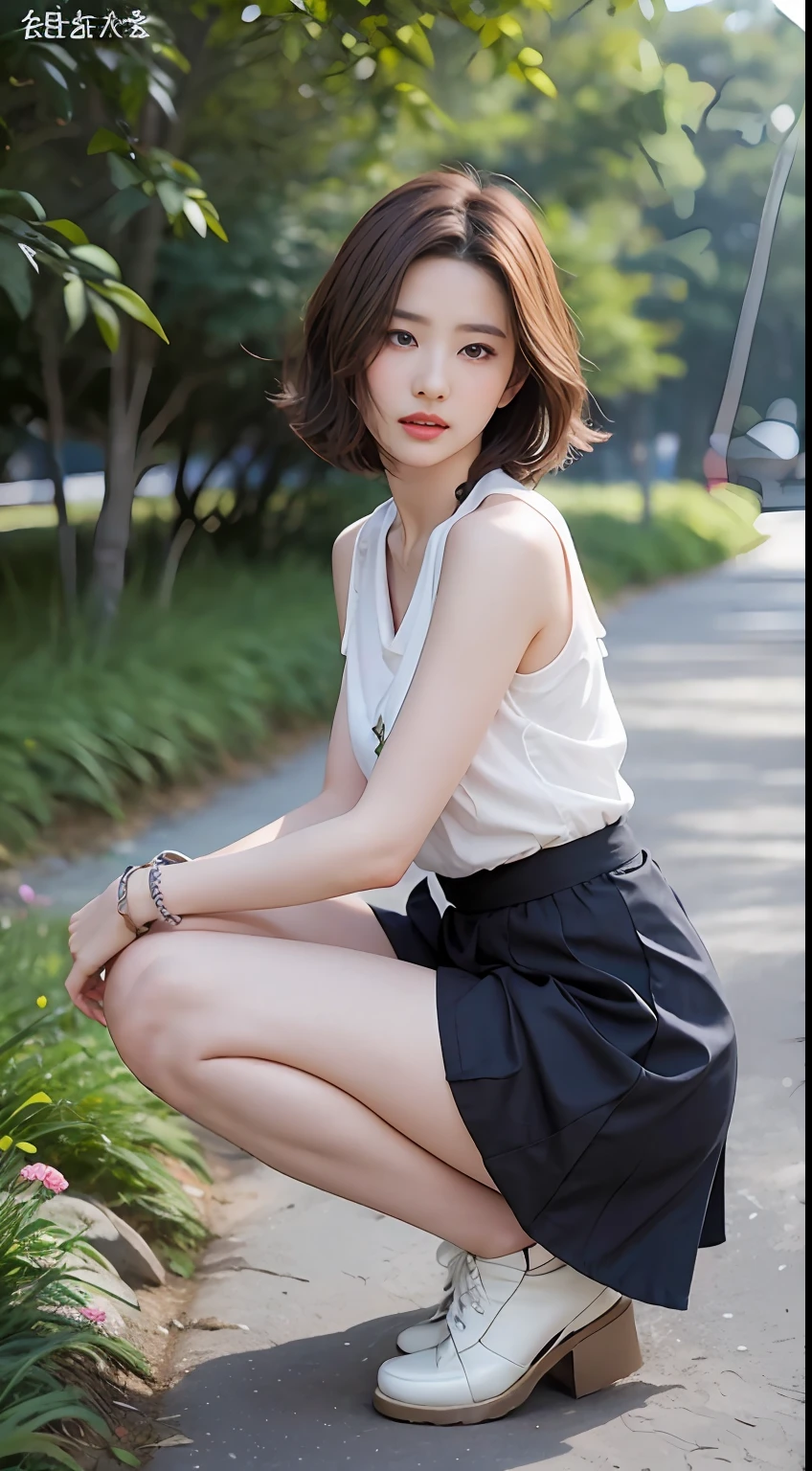 NSFW， 8K Raw photograph， best qualtiy， tmasterpiece， 超高分辨率， filmgrain， cinematic ligh， 1girll， looking at viewert， Natural skin texture， Realistic Eyes and Face Details， full pouty lips， lipsticks， （putting makeup on）， Red eyeshadow， Short fluffy hair， messy  hair， ssmile， Keep one's mouth shut， beautifullegs， Tall women， being thin， Slim_Legs， 独奏， Brustwarzen， Pose with your hips facing you， Superskirt， hindquarters， Beautiful natural location， Location of flowers around， （detailedbackground） ， Show a little through the shirt， Footwear， vague background， bblurry， halter，， short- sleeved， JK ribbon around the neck， JK ribbon， brown  hair， bangle， Eau， By bangs， Pocket clothes， jewely， parted lip， cparted lips， From the side Side， Printed skirt， depth of fields，beachside，are standing，
