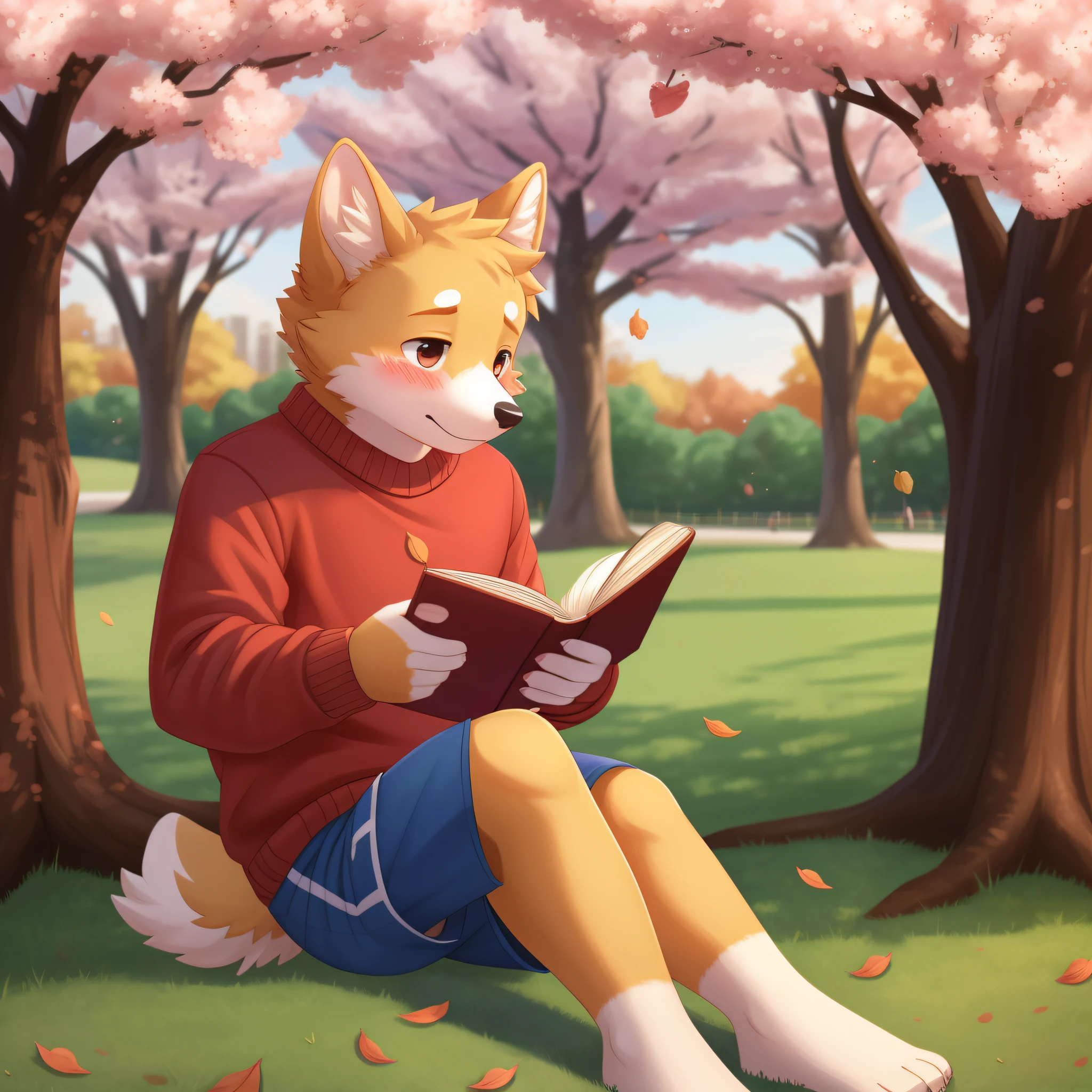 Corgi, boy, young, 1boy, solo, anthro, park, shorts, sweater, detailed lighting, blushing, SFW, (cherry trees), (falling leaves), Bloom, blur, (sitting against tree), (reading book)