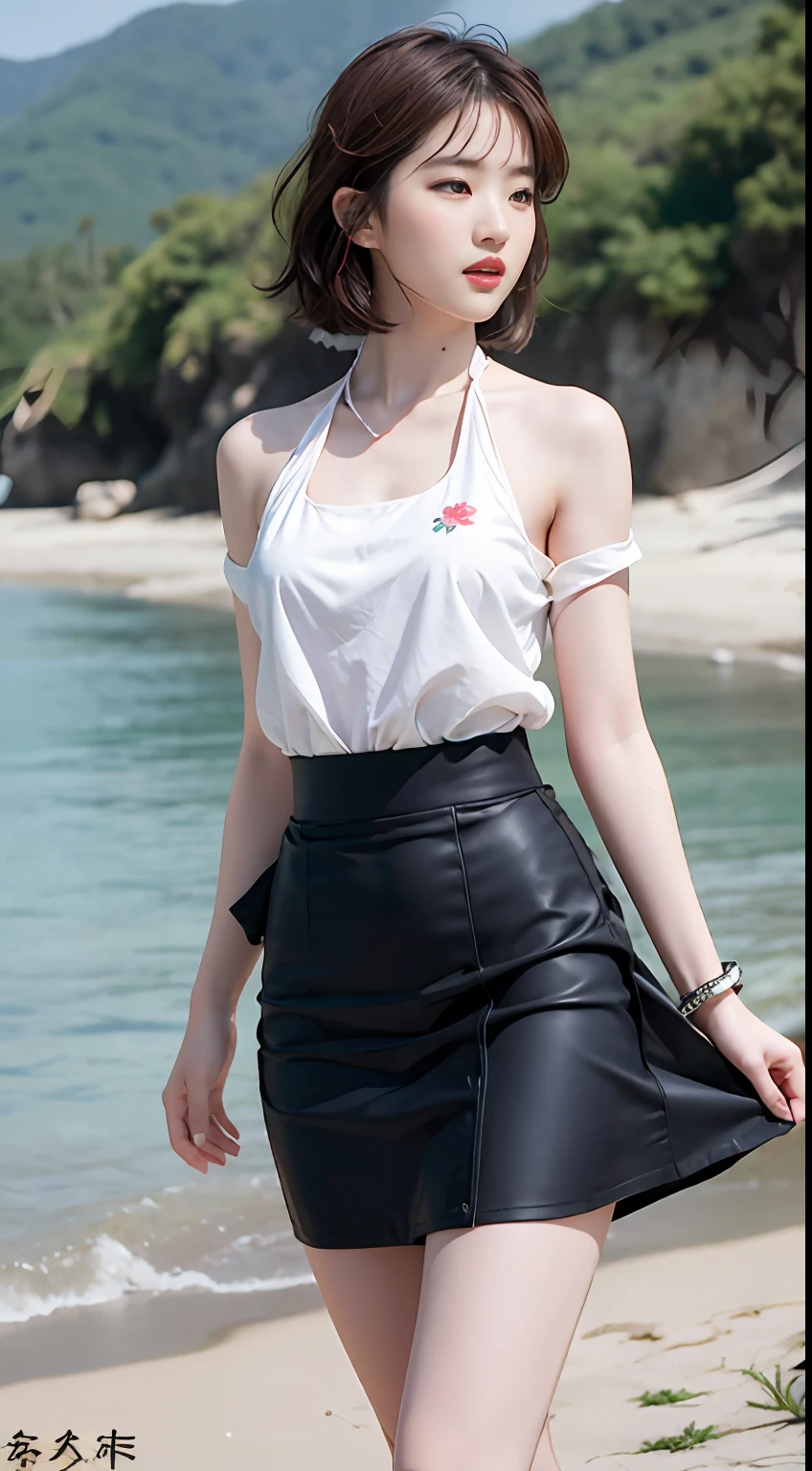 NSFW, 8K Raw photograph, best qualtiy, tmasterpiece, 超高分辨率, filmgrain, cinematic ligh, 1girll, looking at viewert, Natural skin texture, Realistic Eyes and Face Details, full pouty lips, lipsticks, (putting makeup on), Red eyeshadow, Short fluffy hair, messy hair, ssmile, Keep one's mouth shut, beautifullegs, Tall women, being thin, Slim_Legs, 独奏, Brustwarzen, Pose with your hips facing you, Superskirt, hindquarters, Beautiful natural location, Location of flowers around, (detailedbackground) , Show a little through the shirt, Footwear, vague background, bblurry, halter,, short- sleeved, JK ribbon around the neck, JK ribbon, brown hair, bangle, Eau, By bangs, Pocket clothes, jewely, parted lip, cparted lips, From the side Side, Printed skirt, depth of fields,beachside,are standing,