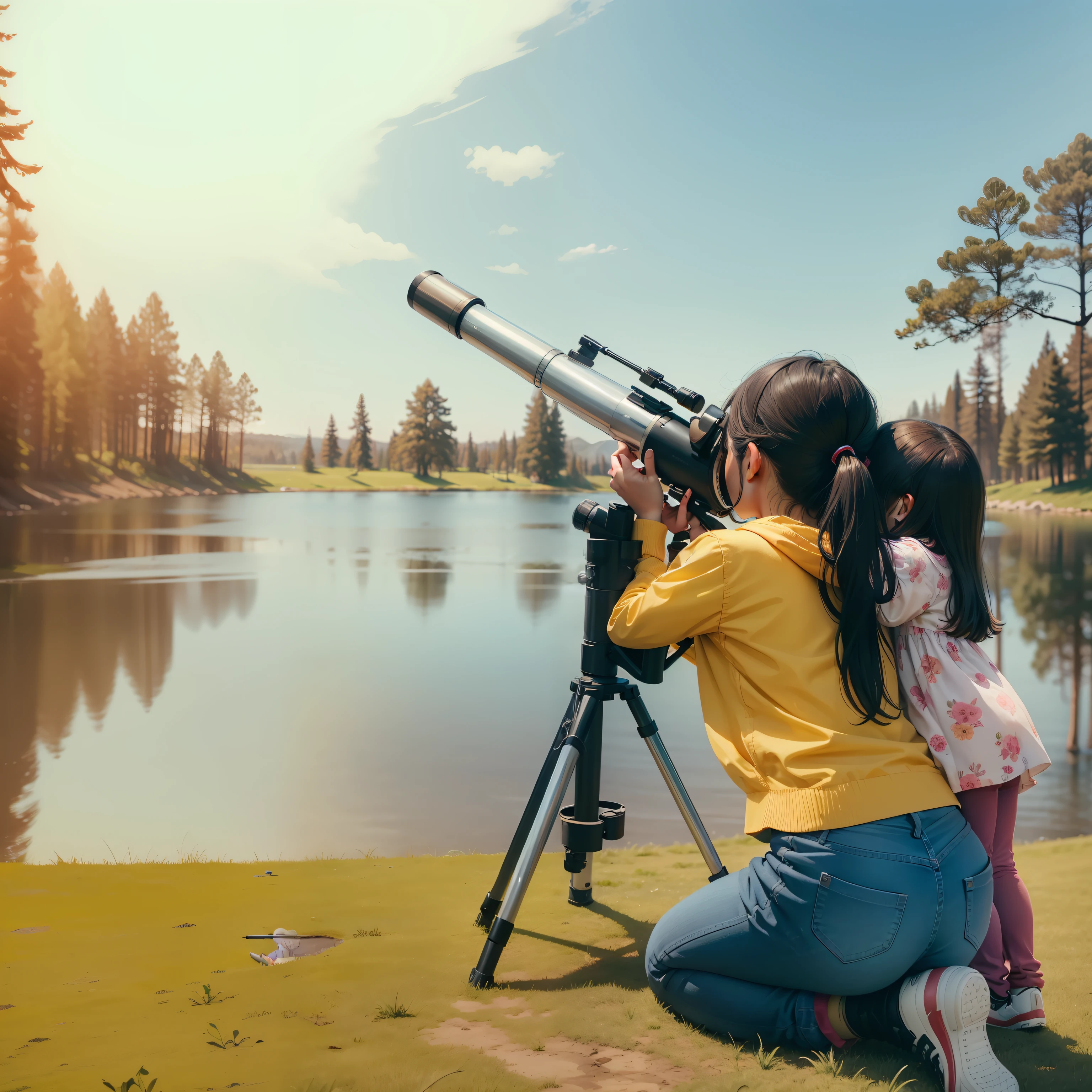 A woman with a little girl looks through a telescope at the sky in front of a lake and trees