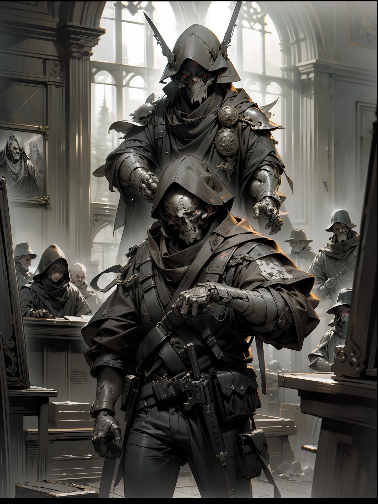 (((Masterpiece))),(((Best quality))),(((Amazing detail))),((illustration)),((A high resolution)),((8K)),escape from Tarkov,PMC,ink painting,monochrome,modern,battle,war,combat,Battle Stance,Combat posture,realistic,Decolorization,chiaroscuro, backlighting, dithering,Correct firearms construction,dark style
